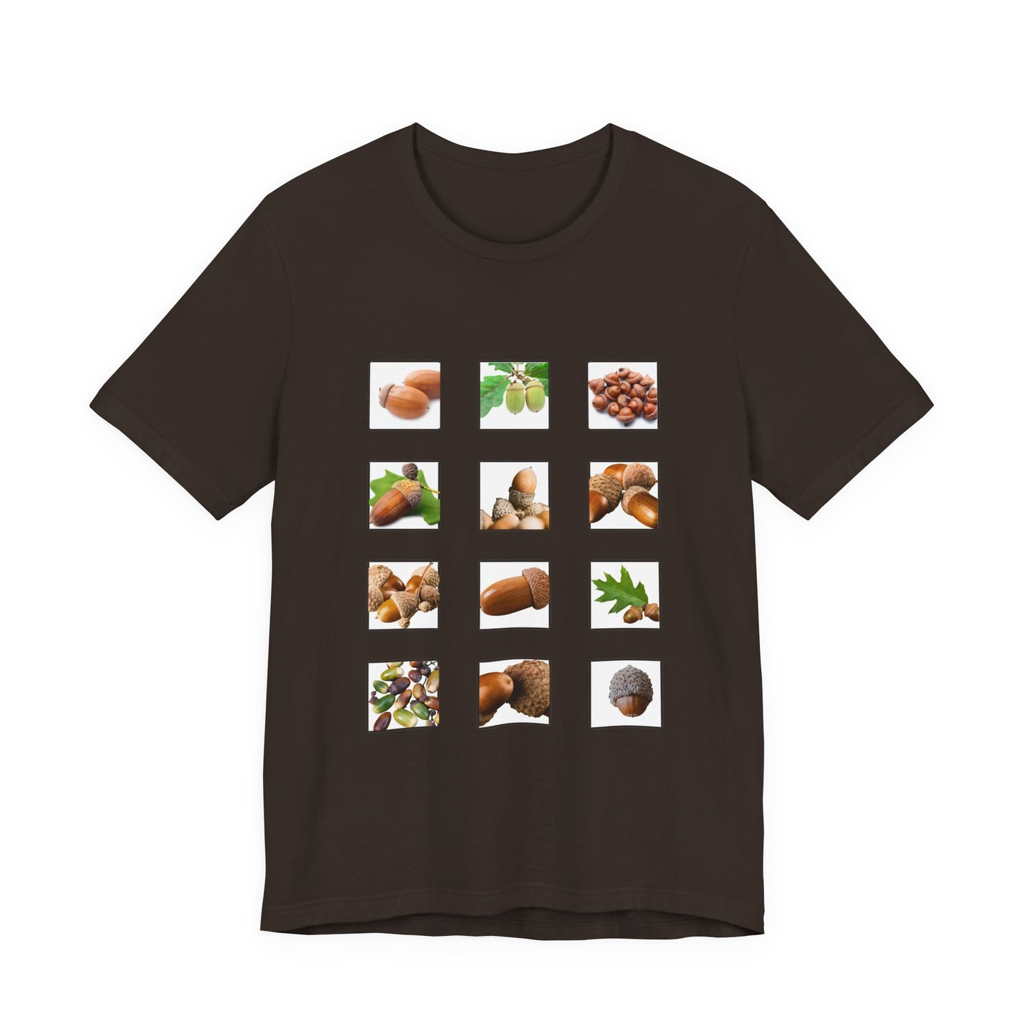 Brown t-shirt with images of acorns and leaves arranged in a grid postage stamp pattern on a white background