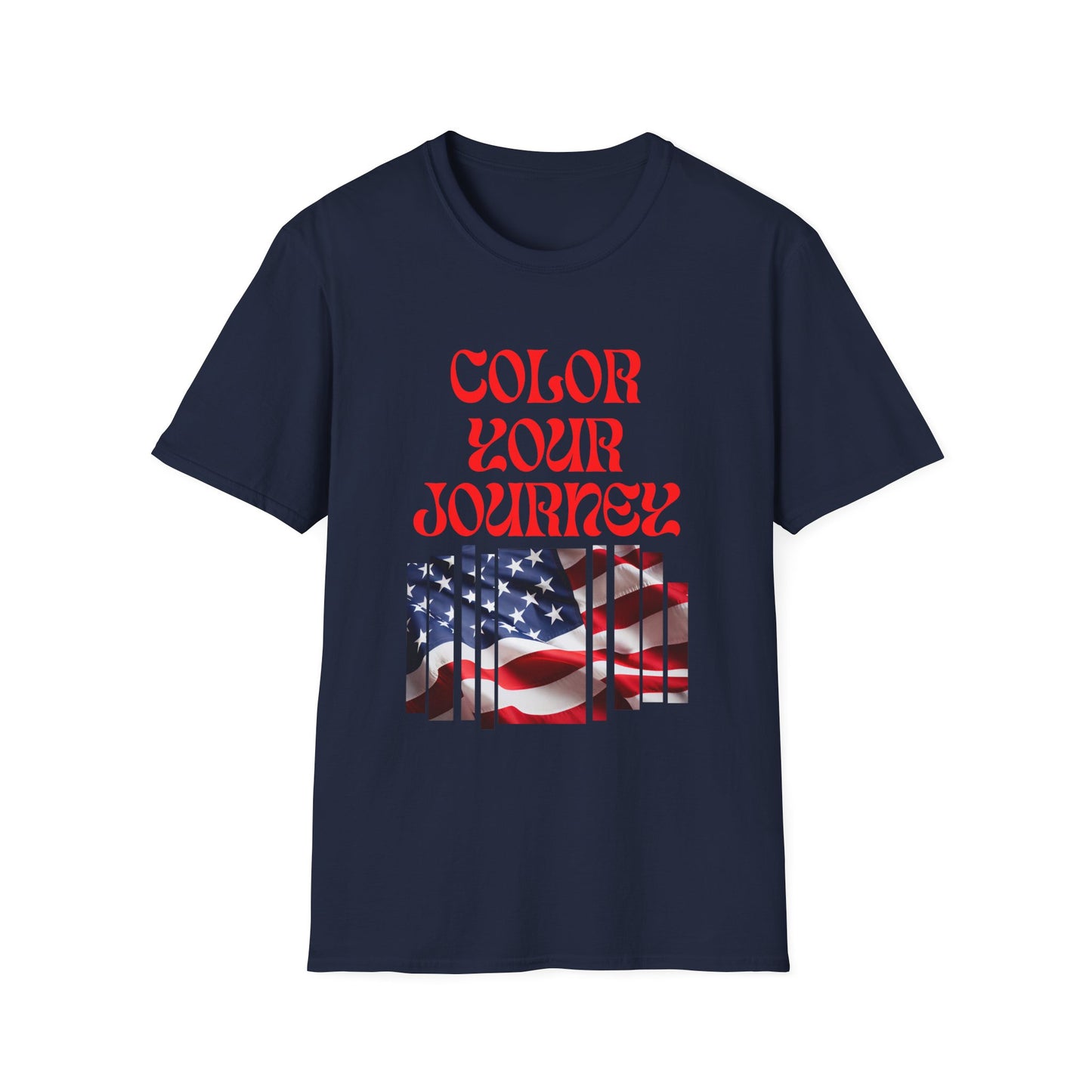 Navy blue t-shirt with 'Color Your Journey' text and American flag design on a white background