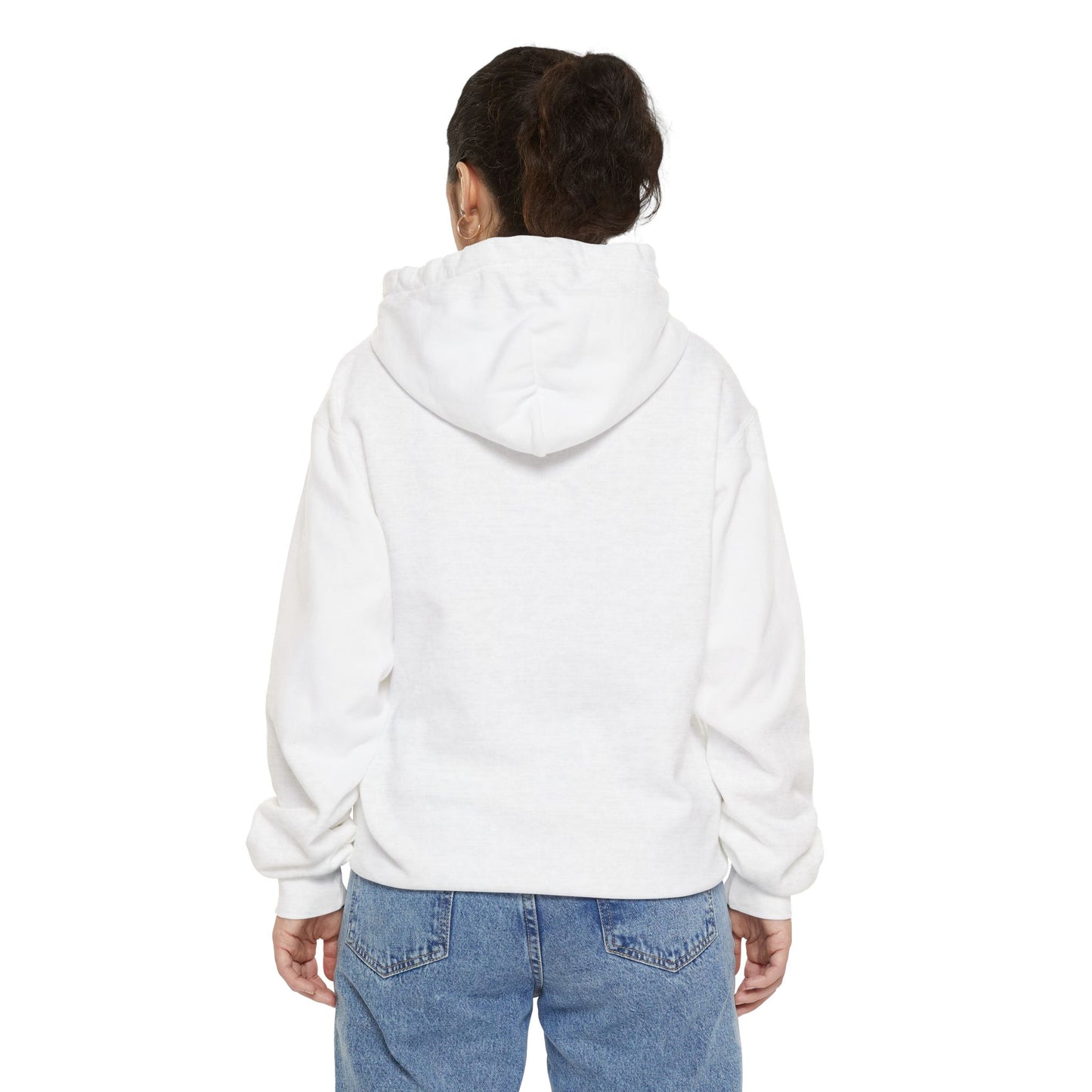 Back of plain white hoodie. Person wearing blue jeans and white background.