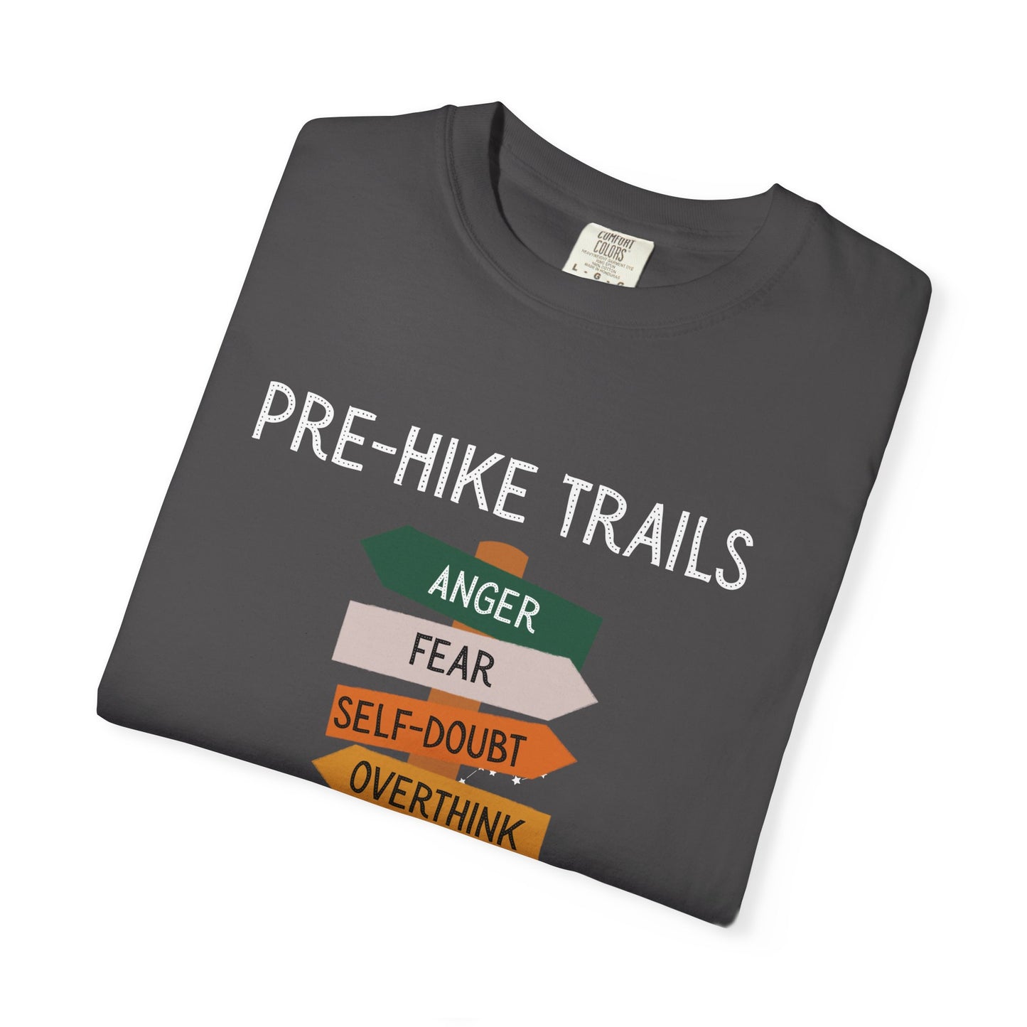 Folded dark gray t-shirt with 'Pre-Hike Trails' text and graphic on a white background