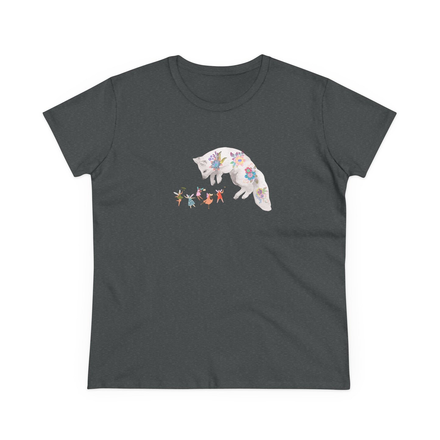 Dark gray t-shirt with a floral fox staring Playfully at winged fairies.