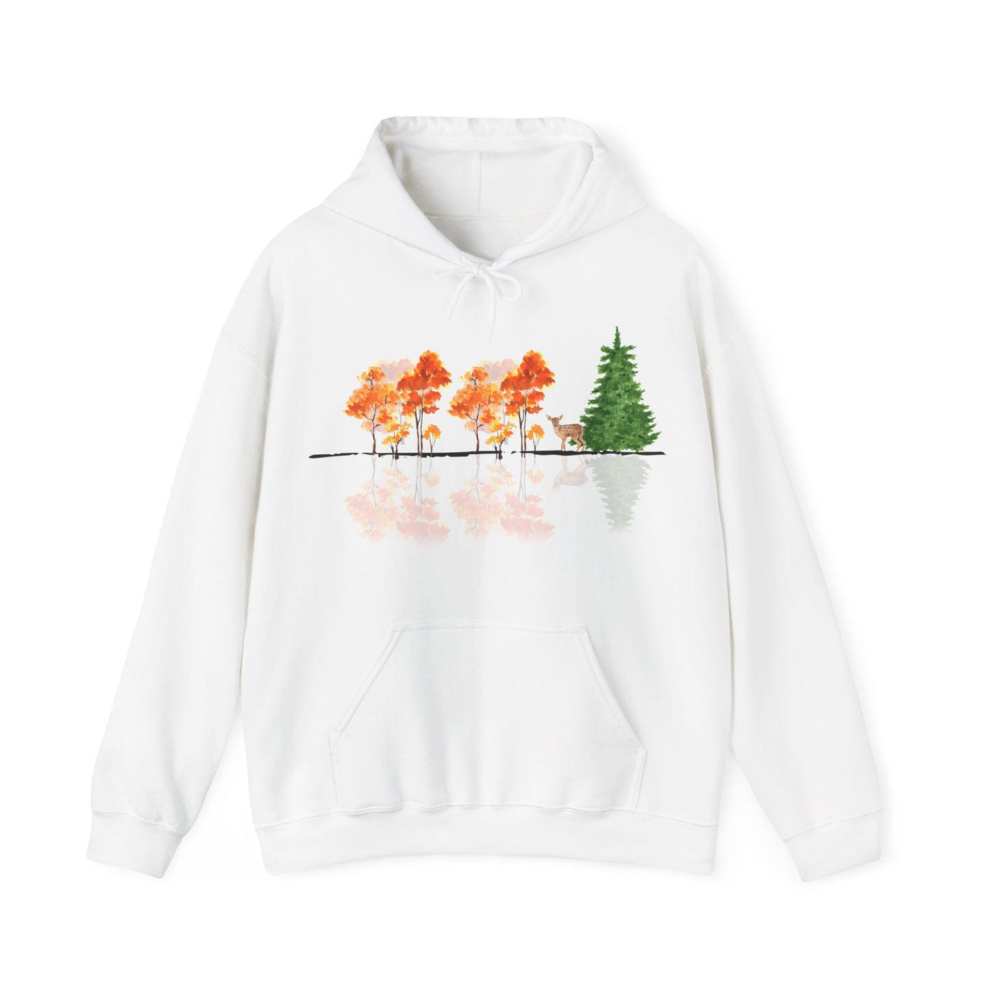 White hoodie with a nature-themed design on a white background. Reflective trees and fawn on front.