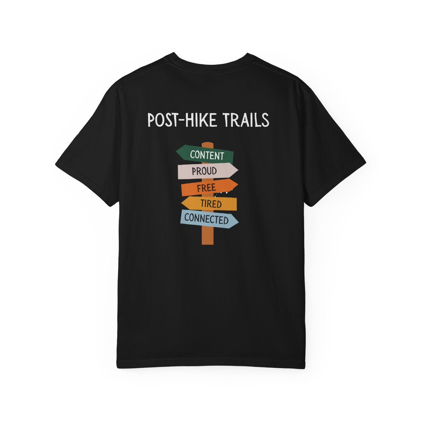 Back of black t-shirt with 'Post-Hike Trails' text and directional signs on a white background