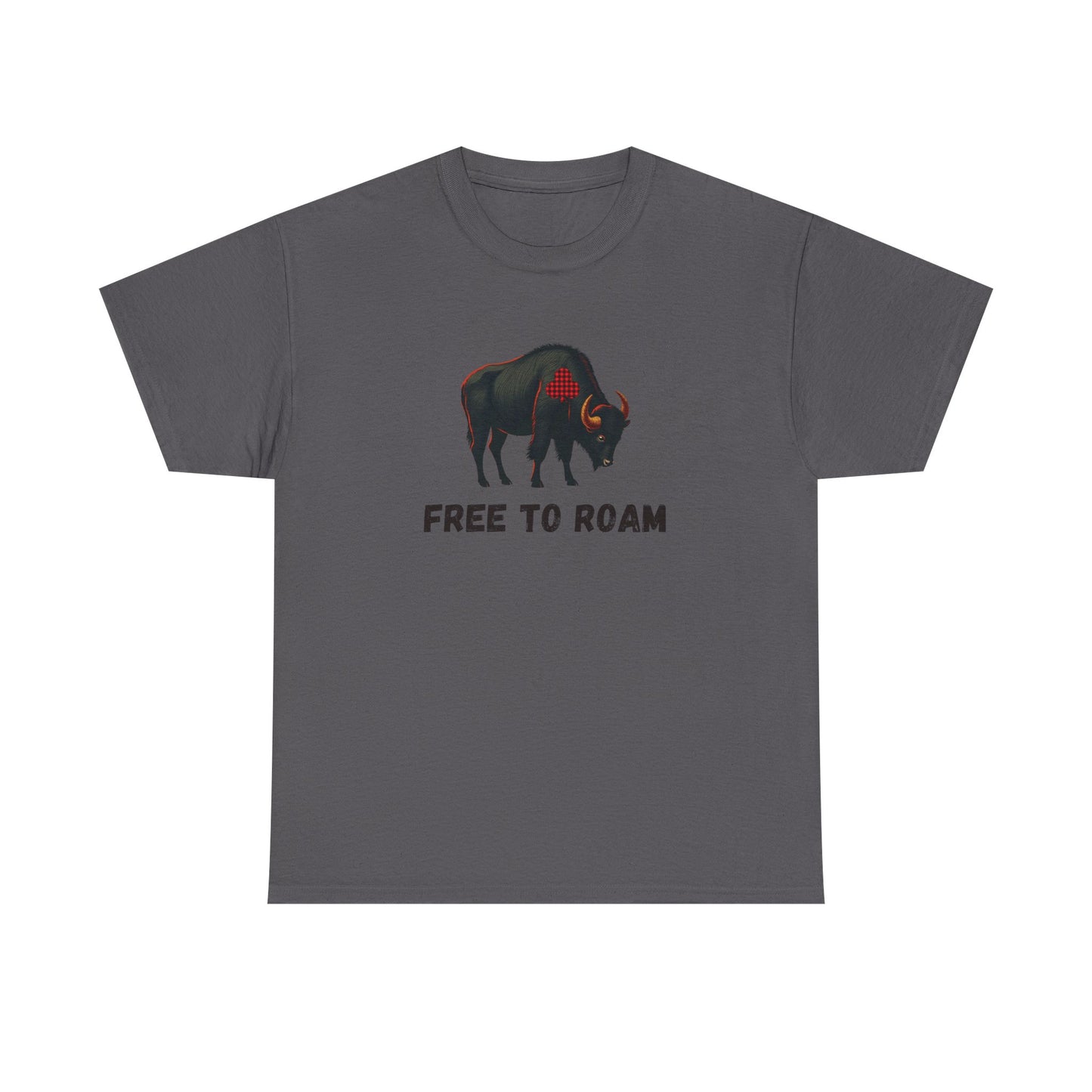 Gray t-shirt with a graphic of a bison and 'Free to Roam' text on a white background