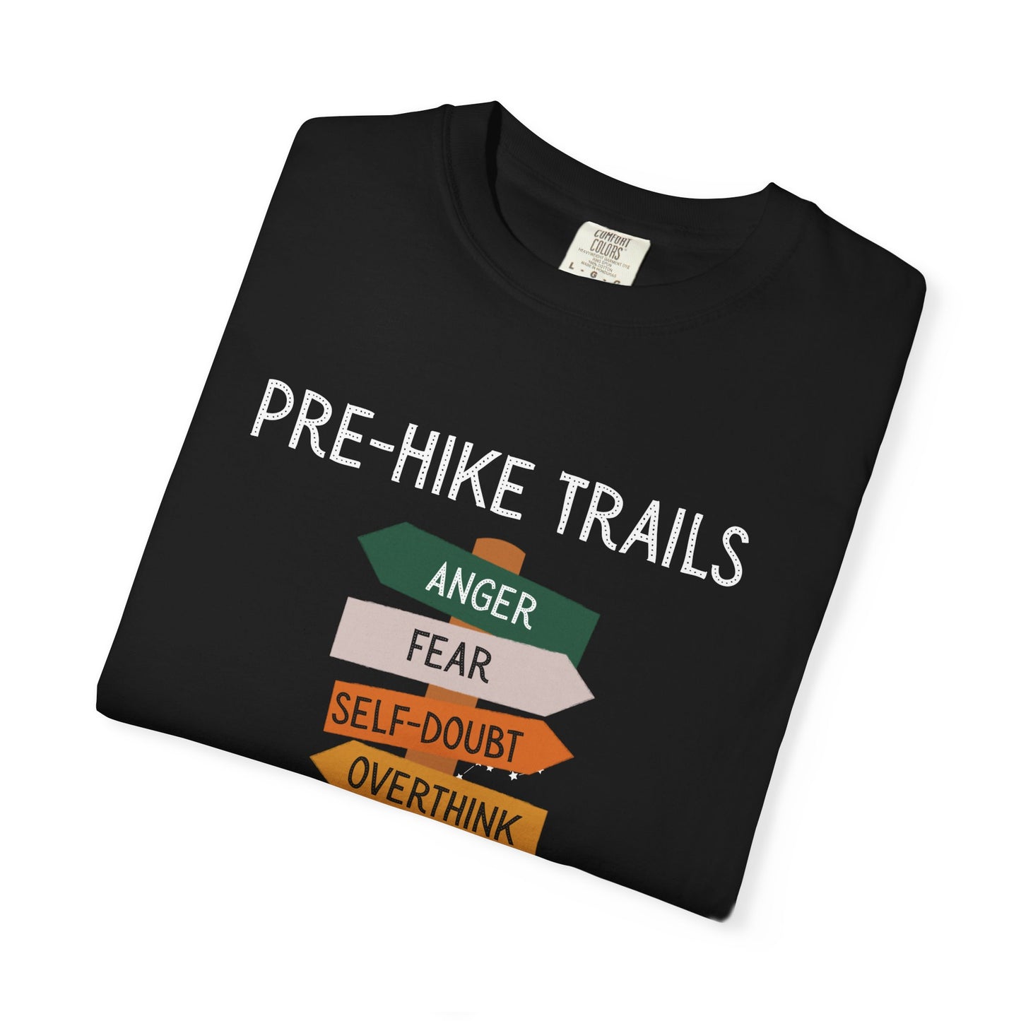 Folded Black t-shirt with 'Pre-Hike Trails' text and directional signs on a white background