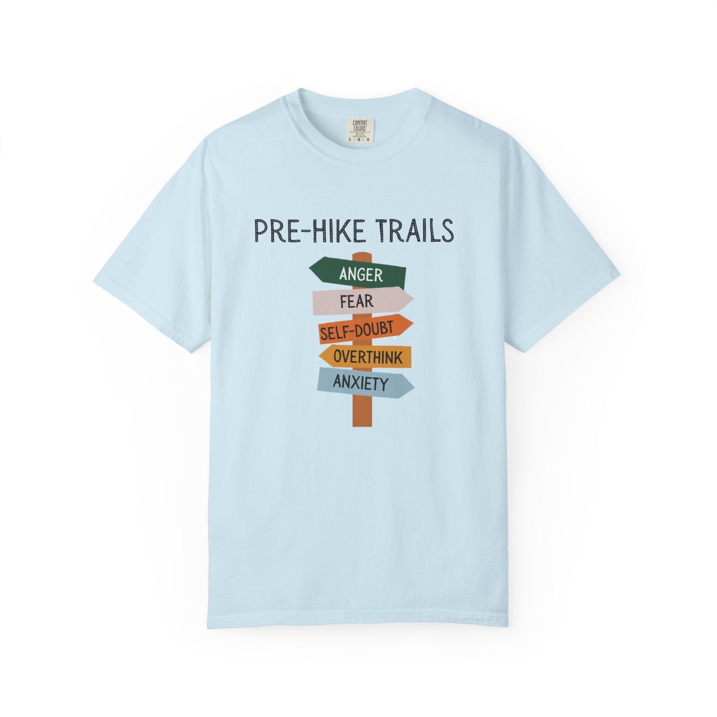 Light blue t-shirt with 'Pre-Hike Trails' graphic on a white background