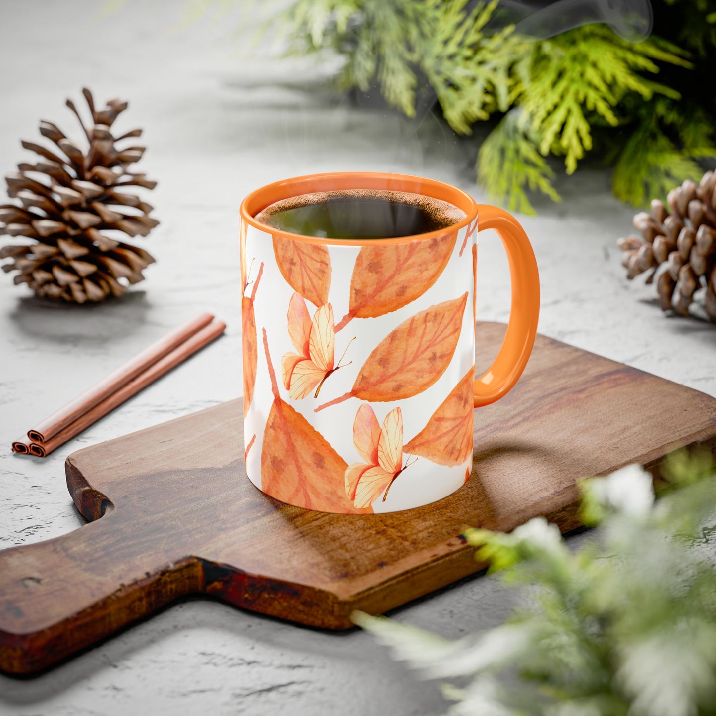 Mug with Fall Colors Autumn Leaves and Butterflies