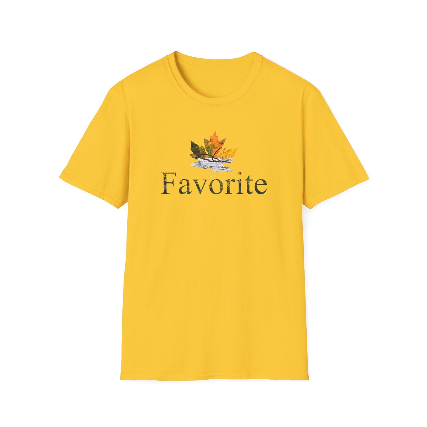 Yellow t-shirt with a colored fall leaf graphic design and the word 'Favorite' on a white background