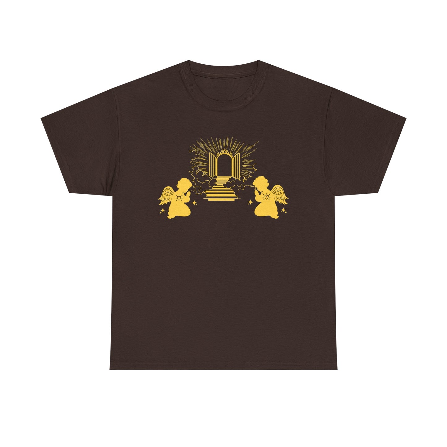 Brown t-shirt with two gold angels praying at Heaven's Gate design on a white background