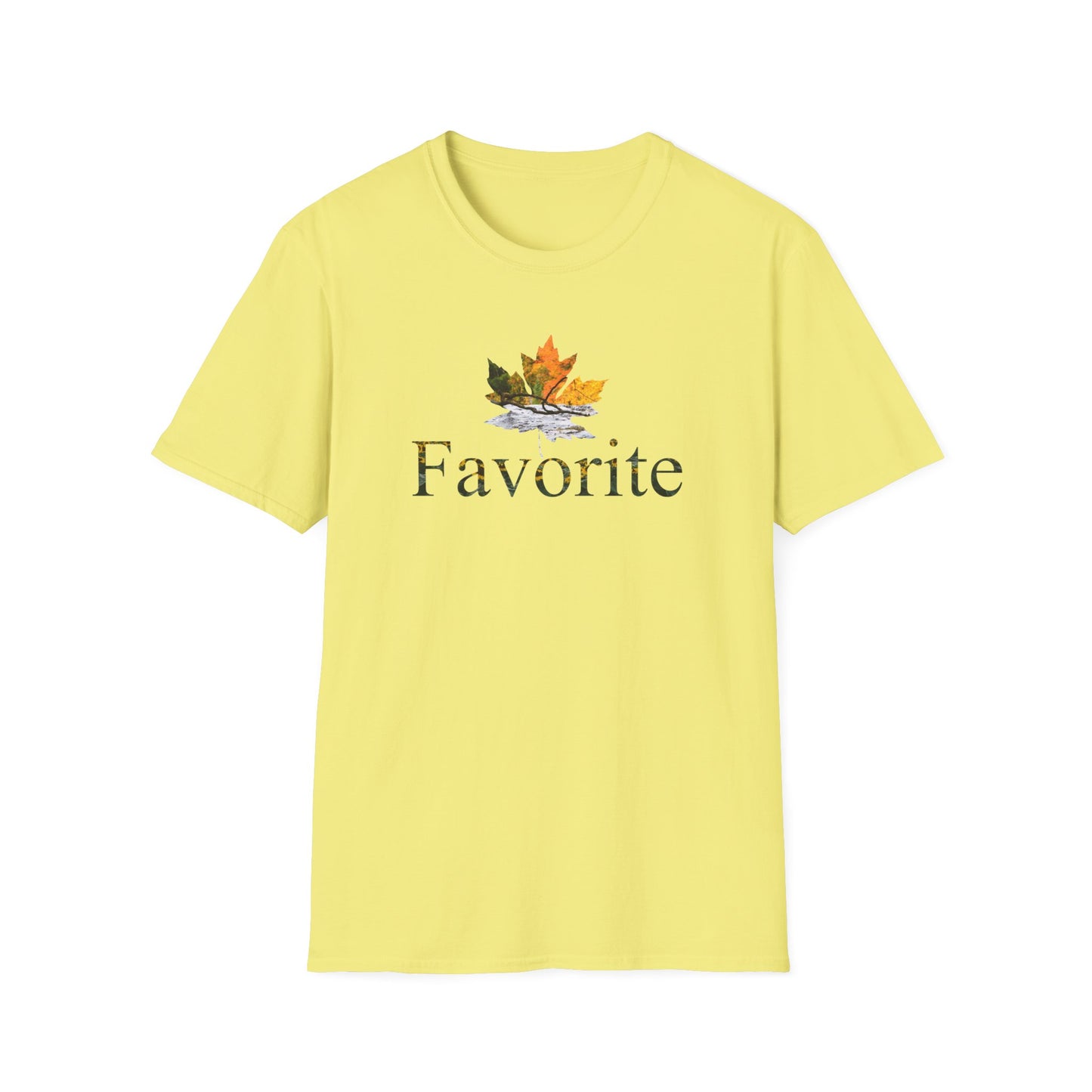 Yellow t-shirt with a colored fall leaf graphic design and the word 'Favorite' on a white background