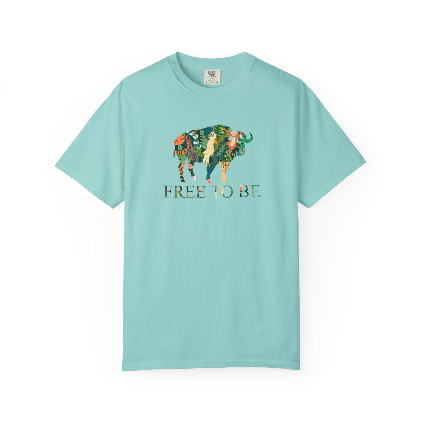 Mint Green t-shirt with a colorful graphic of a buffalo and text 'FREE TO BE' on a white background