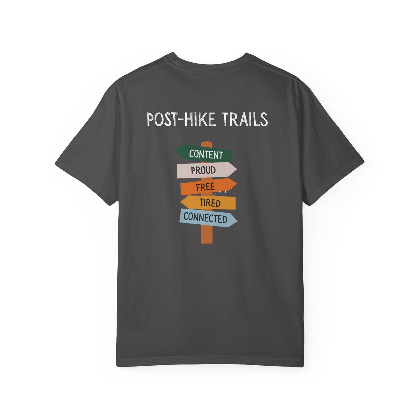 Back of gray t-shirt with 'Post-Hike Trails' text and sign graphics on a white background