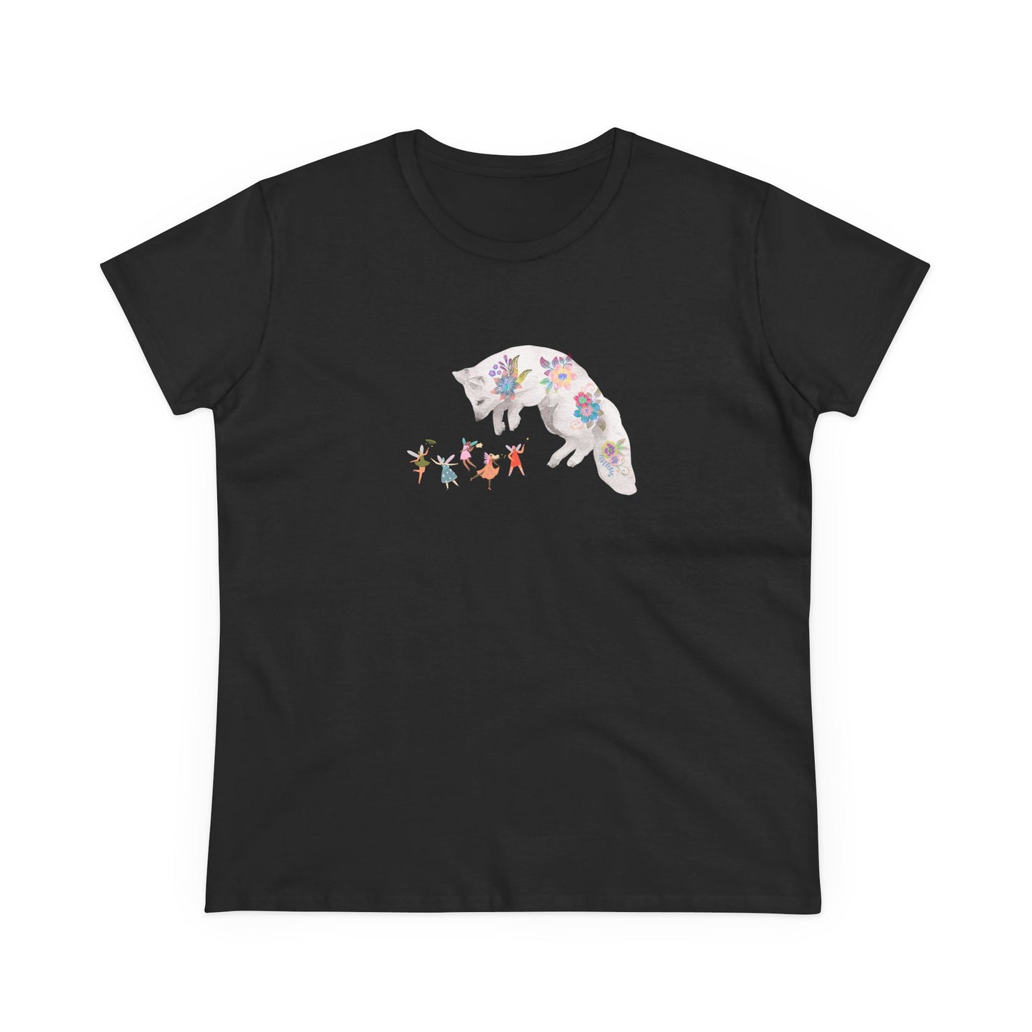 Black T-shirt with a playful fox covered in batik flowers staring at winged fairies.