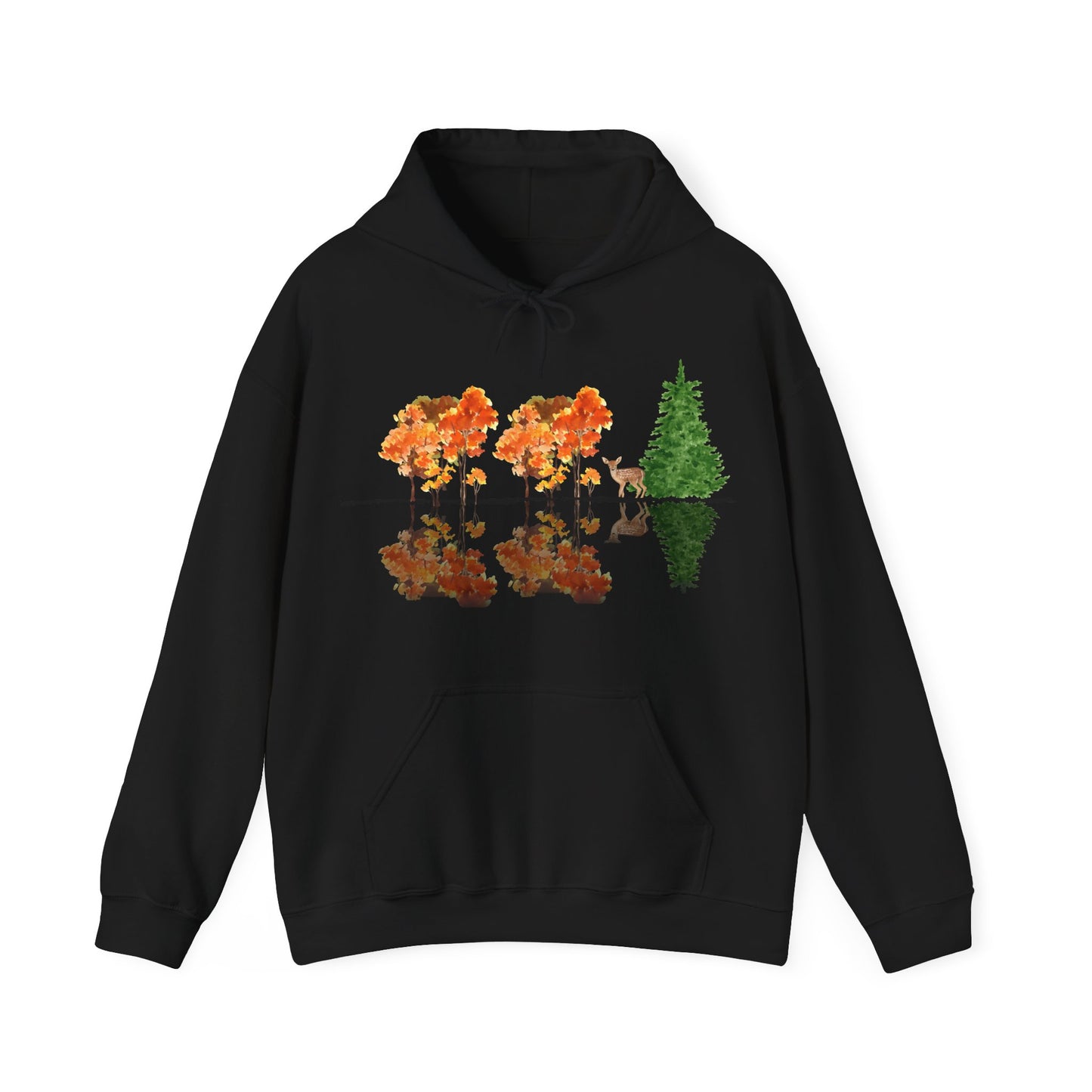 Black hoodie with nature-themed design featuring trees and animals on a white background