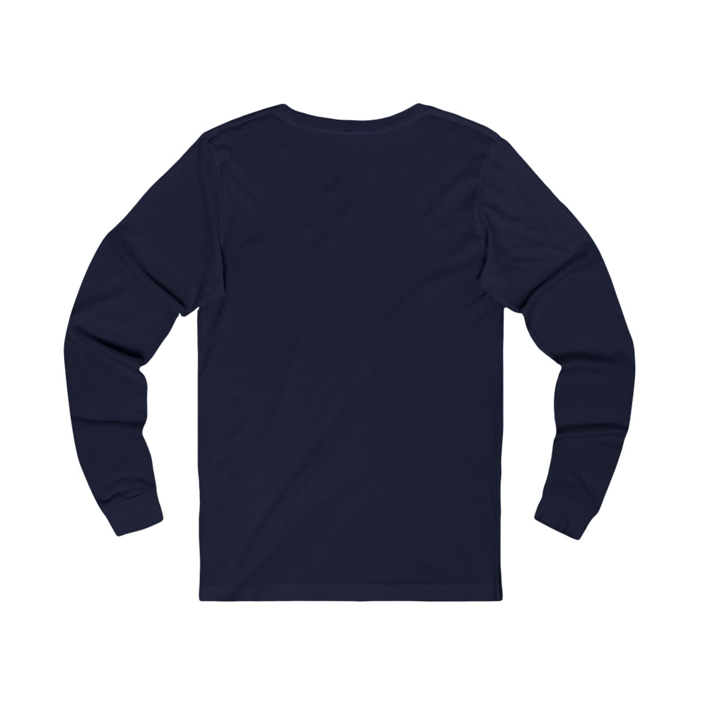 Plain back of navy blue long-sleeve shirt on a white background