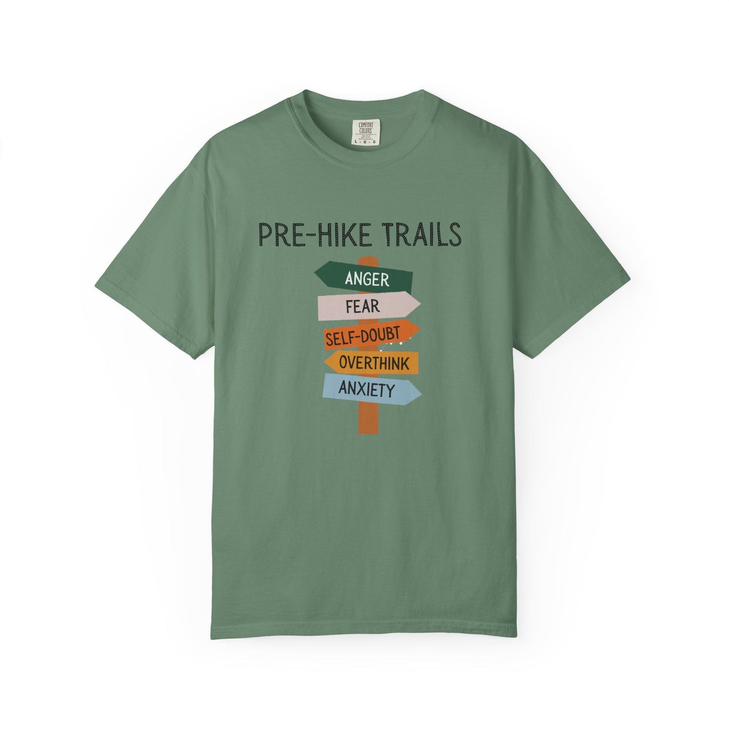 Green t-shirt with 'Pre-Hike Trails' graphic on a white background