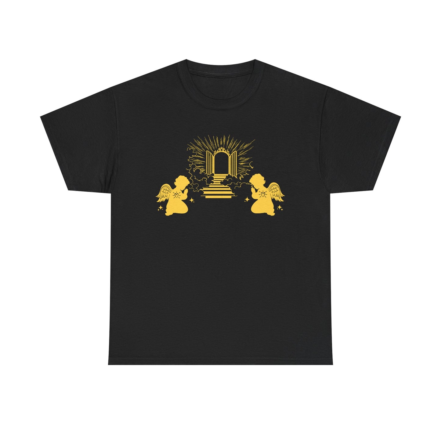Black t-shirt with two gold angels praying at Heaven's Gate design on a white background