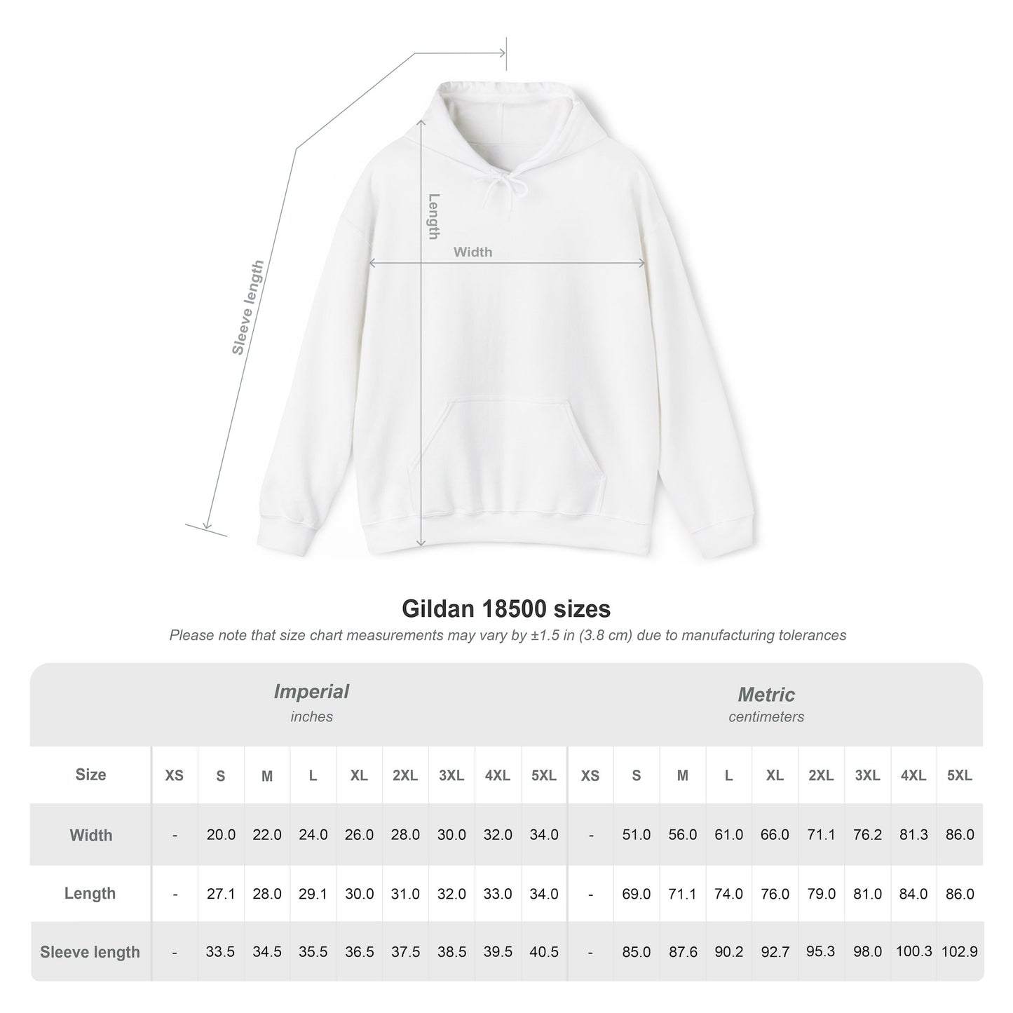 White hoodie Gildan 18500 with measurement chart on a white background