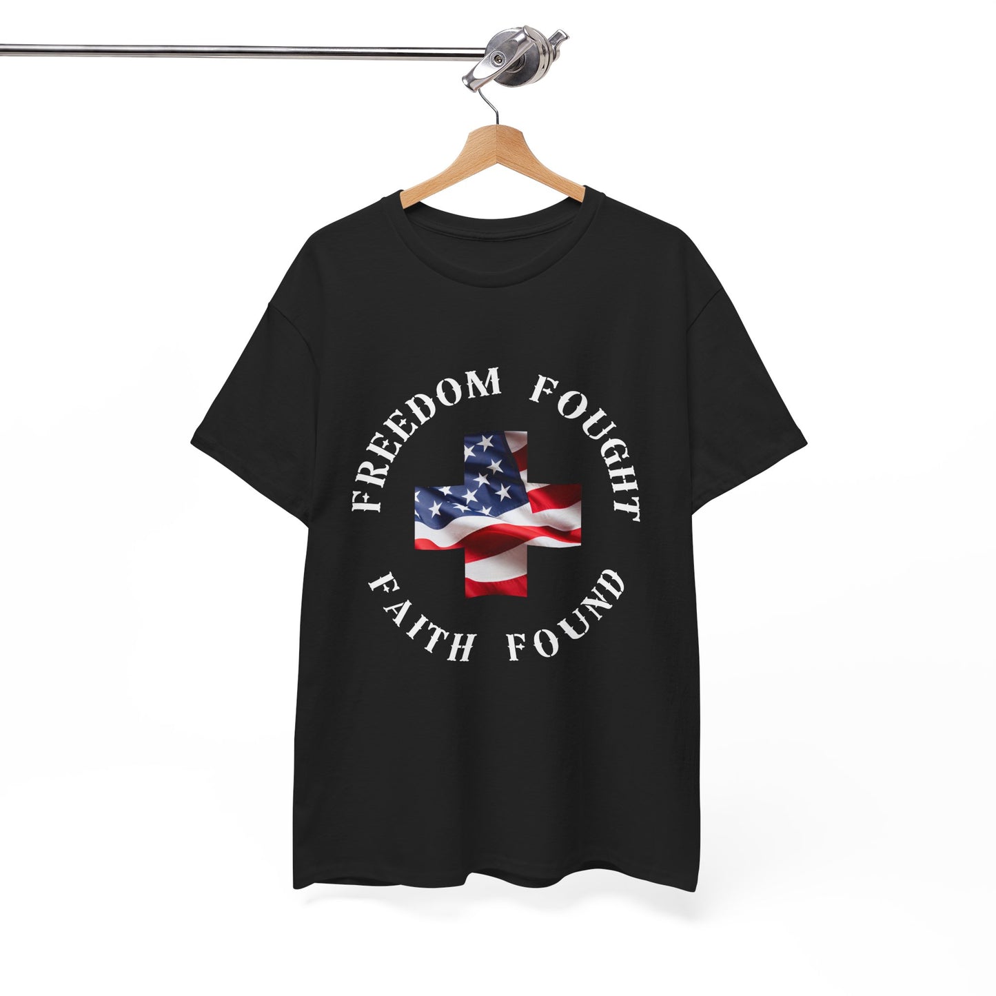 Black t-shirt with American flag design and text on a hanger against a white background