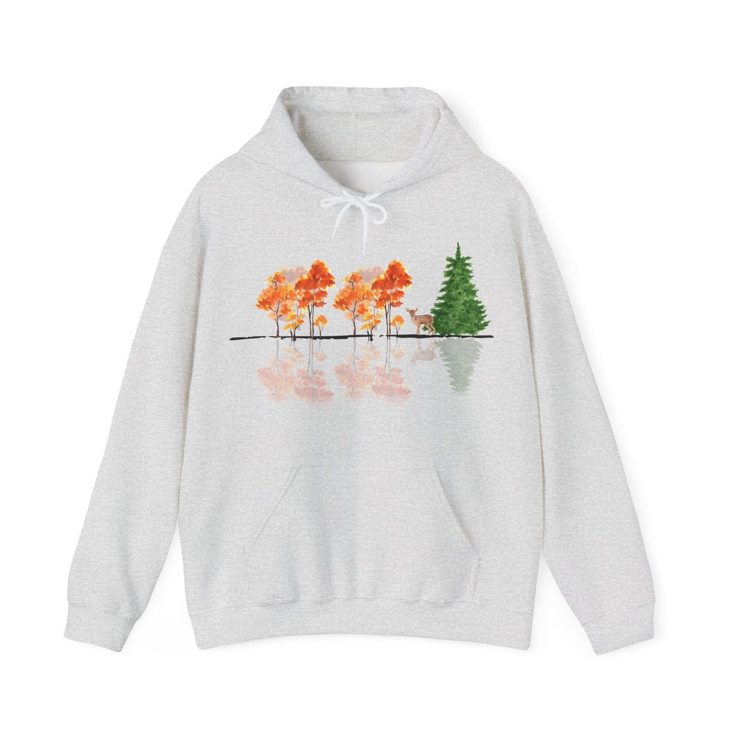 Gray hoodie with a nature-themed design on a white background. Reflective trees and fawn on front.