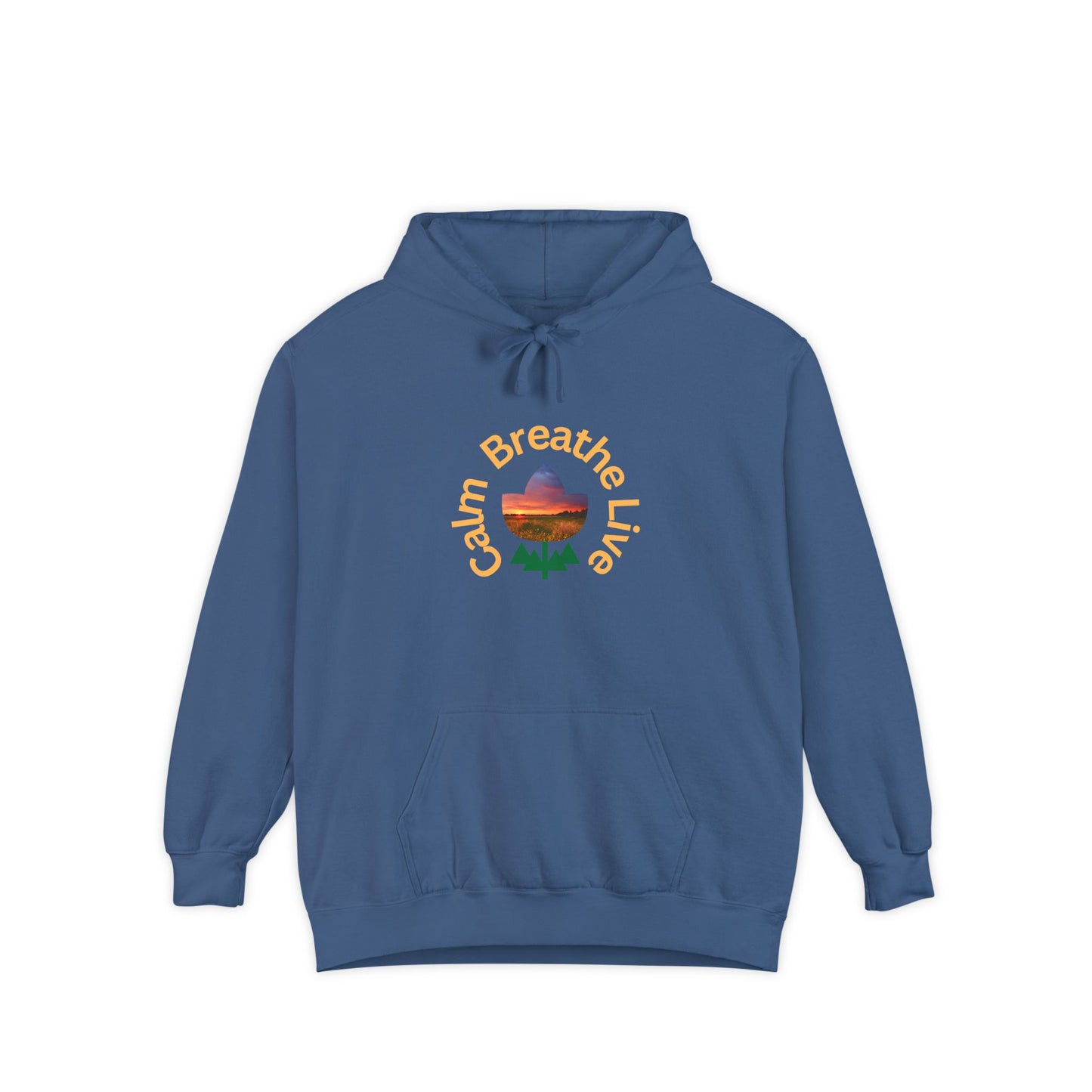 Blue hoodie with 'Calm Breathe Live' text and landscape graphic on a white background