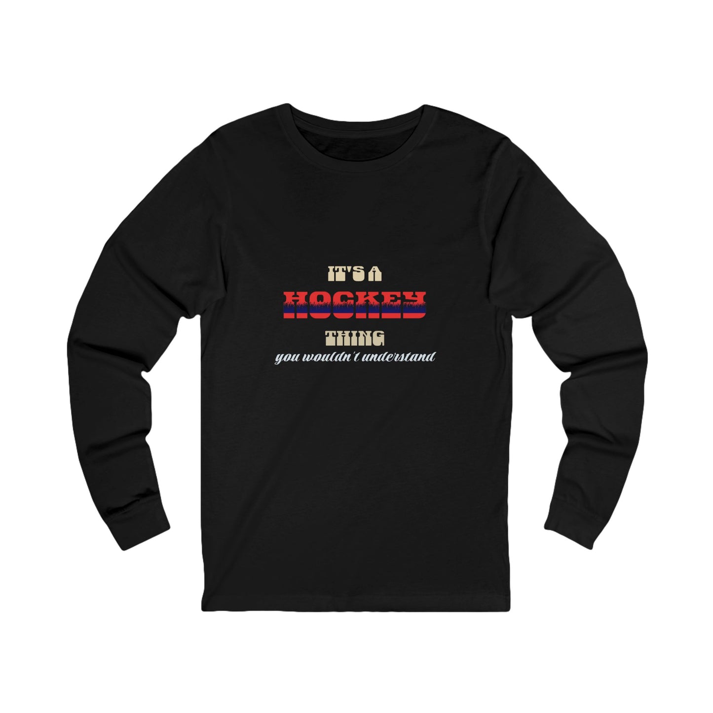Black long-sleeve shirt with text design on a white background