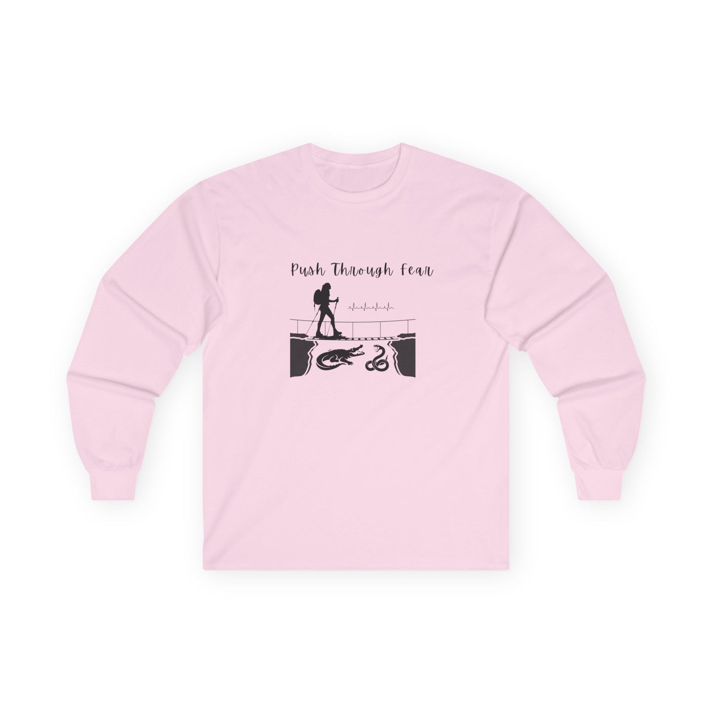 Light Pink long sleeved tee with black graphic showing hiker going over bridge with alligator and snake. Text states "Push through Fear."