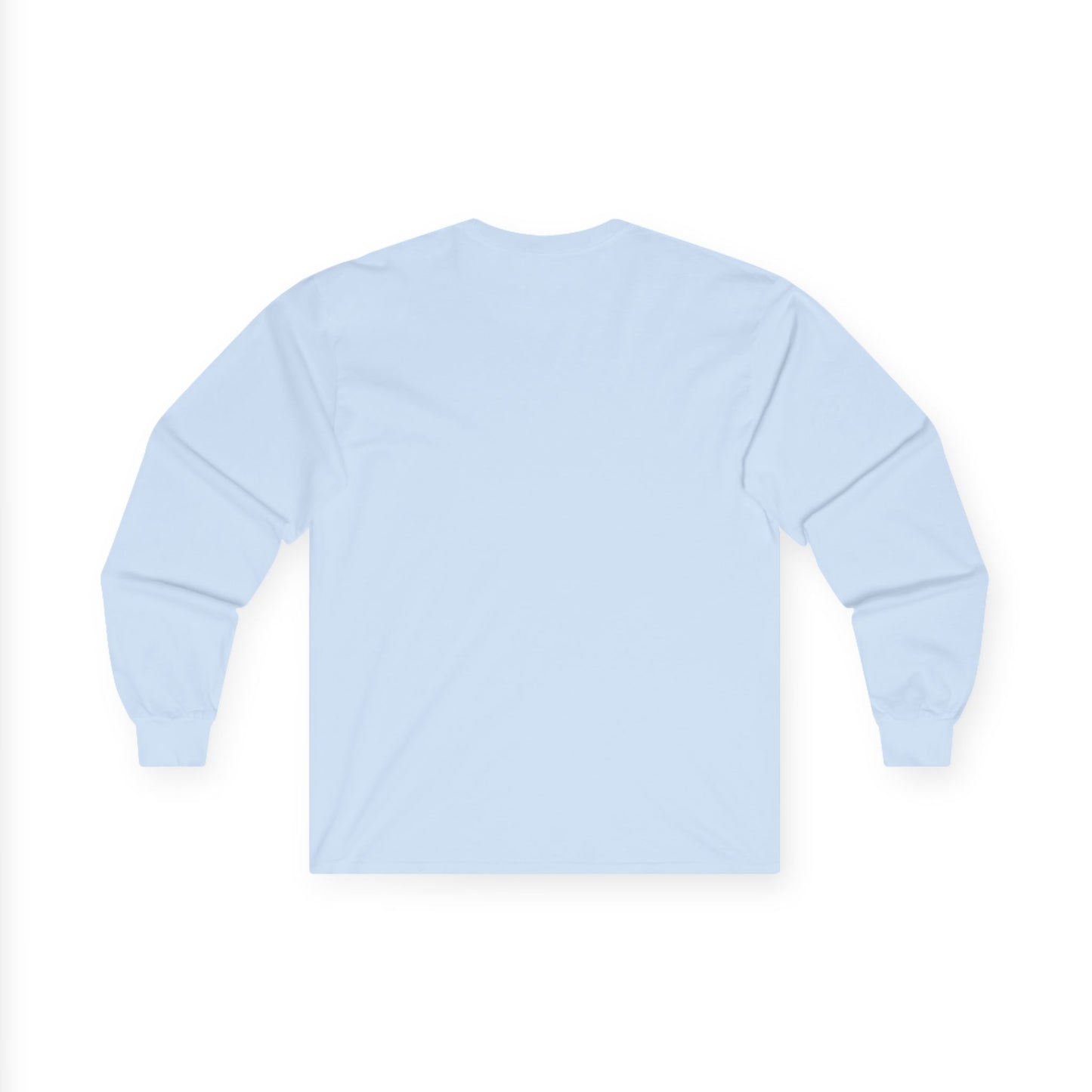Light blue plain back of long-sleeve shirt on a white background