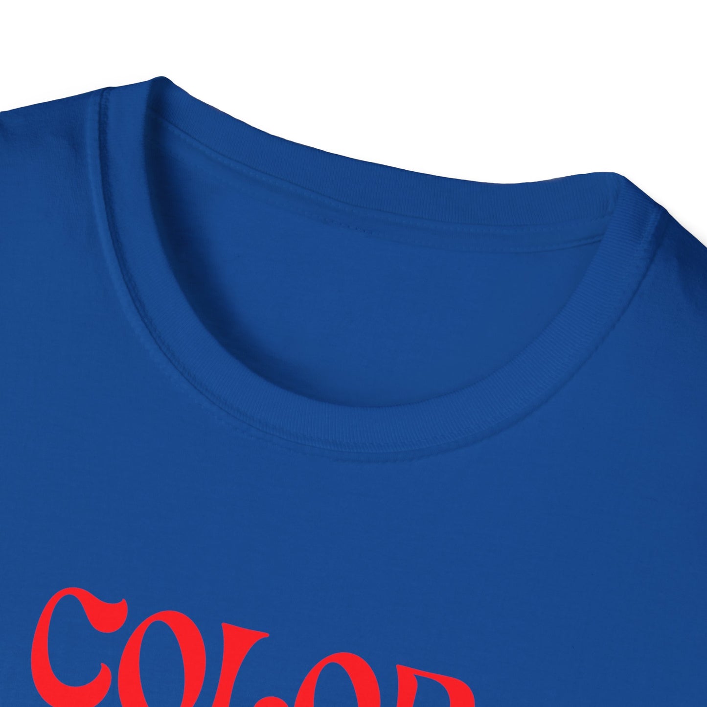 Folded close-up of a blue shirt with red text on a white background