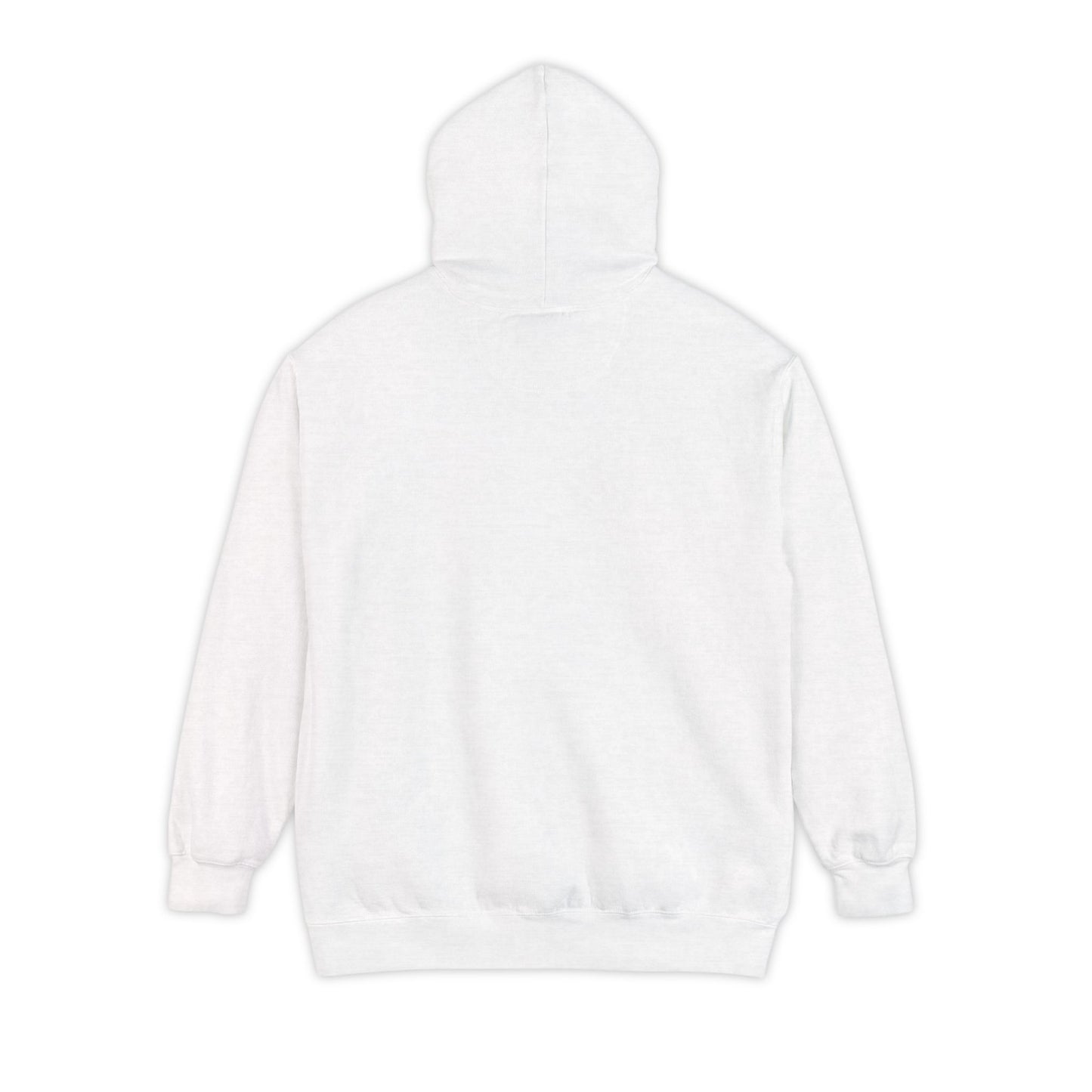 Plain back of white hoodie on white background.