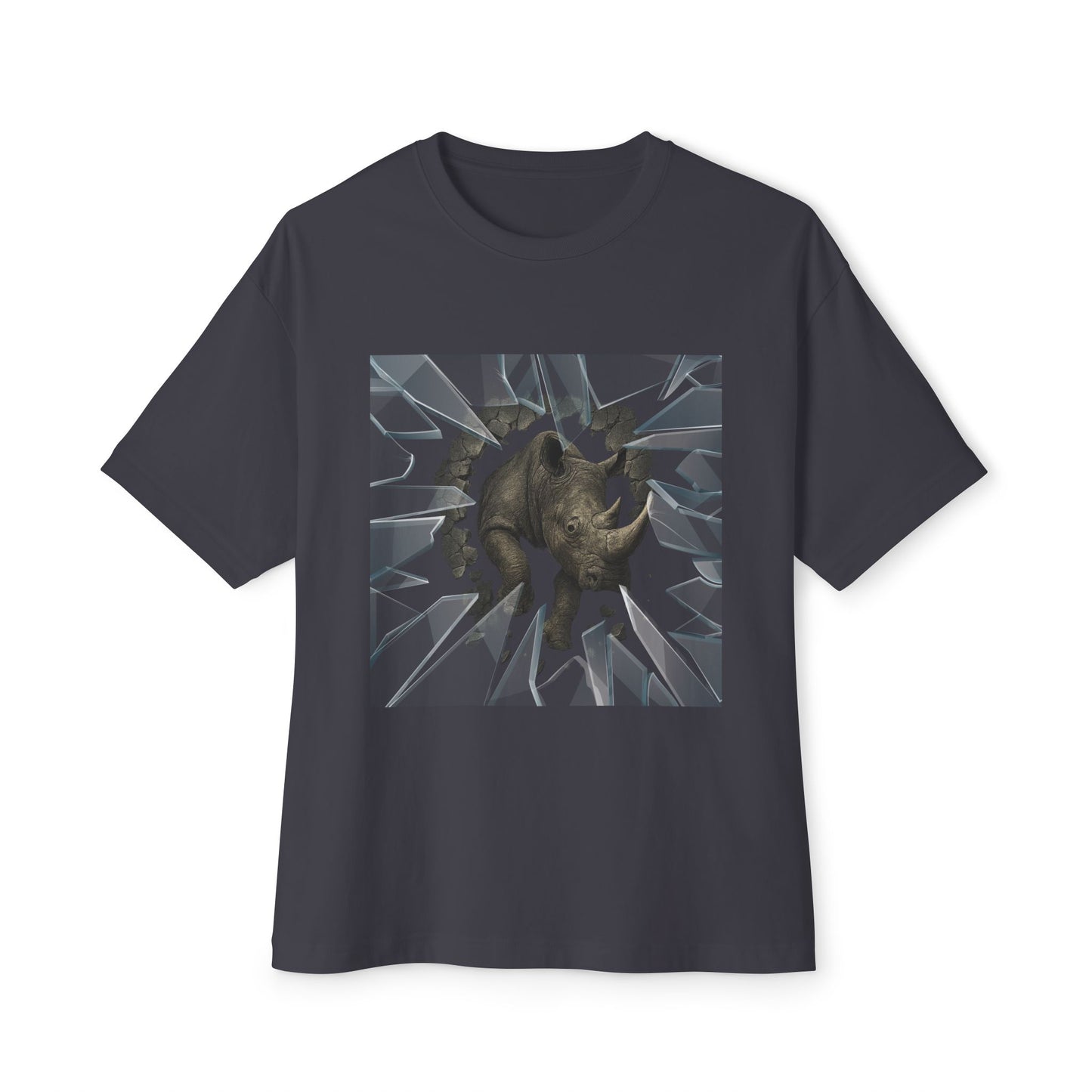 Blackish gray t-shirt with a graphic design of a rhino breaking through glass on a white background