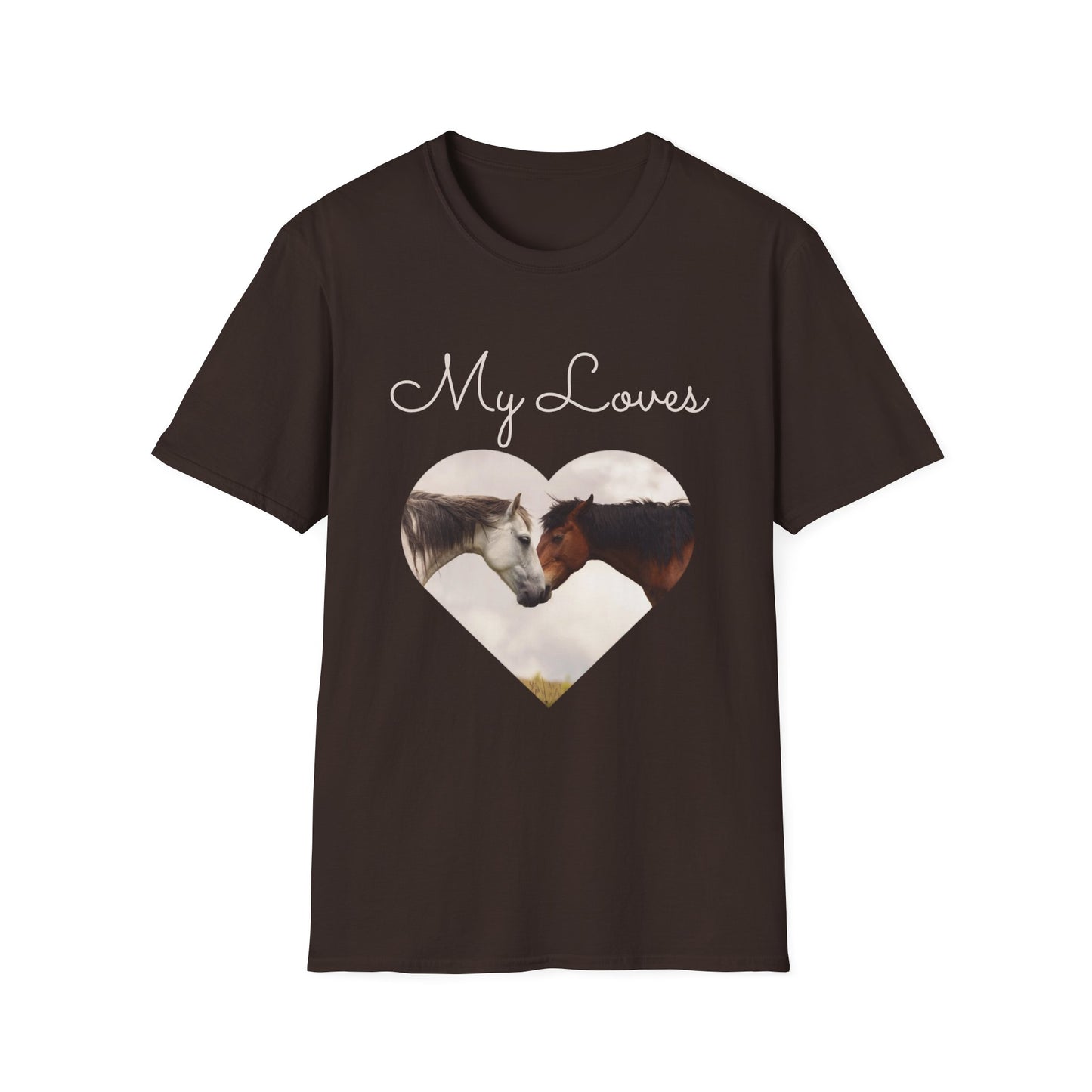 Brown T-shirt with words My Loves. Below the words are two horses in a heart shape.