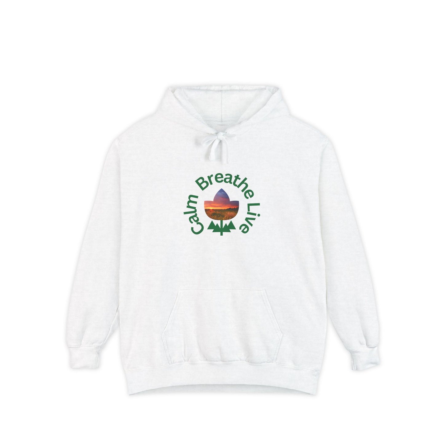 White hoodie with 'Calm Breathe Live' text and landscape graphic on a white background