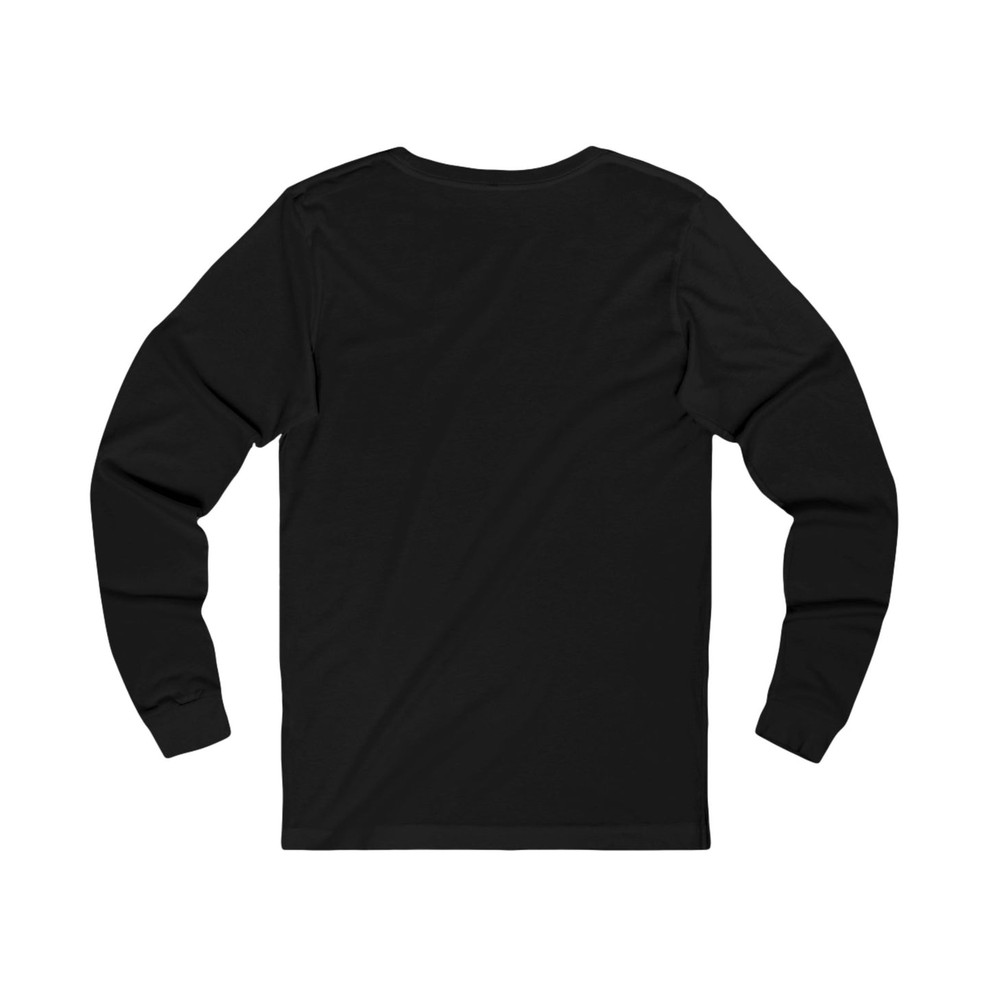 Back of black long-sleeve shirt on a white background