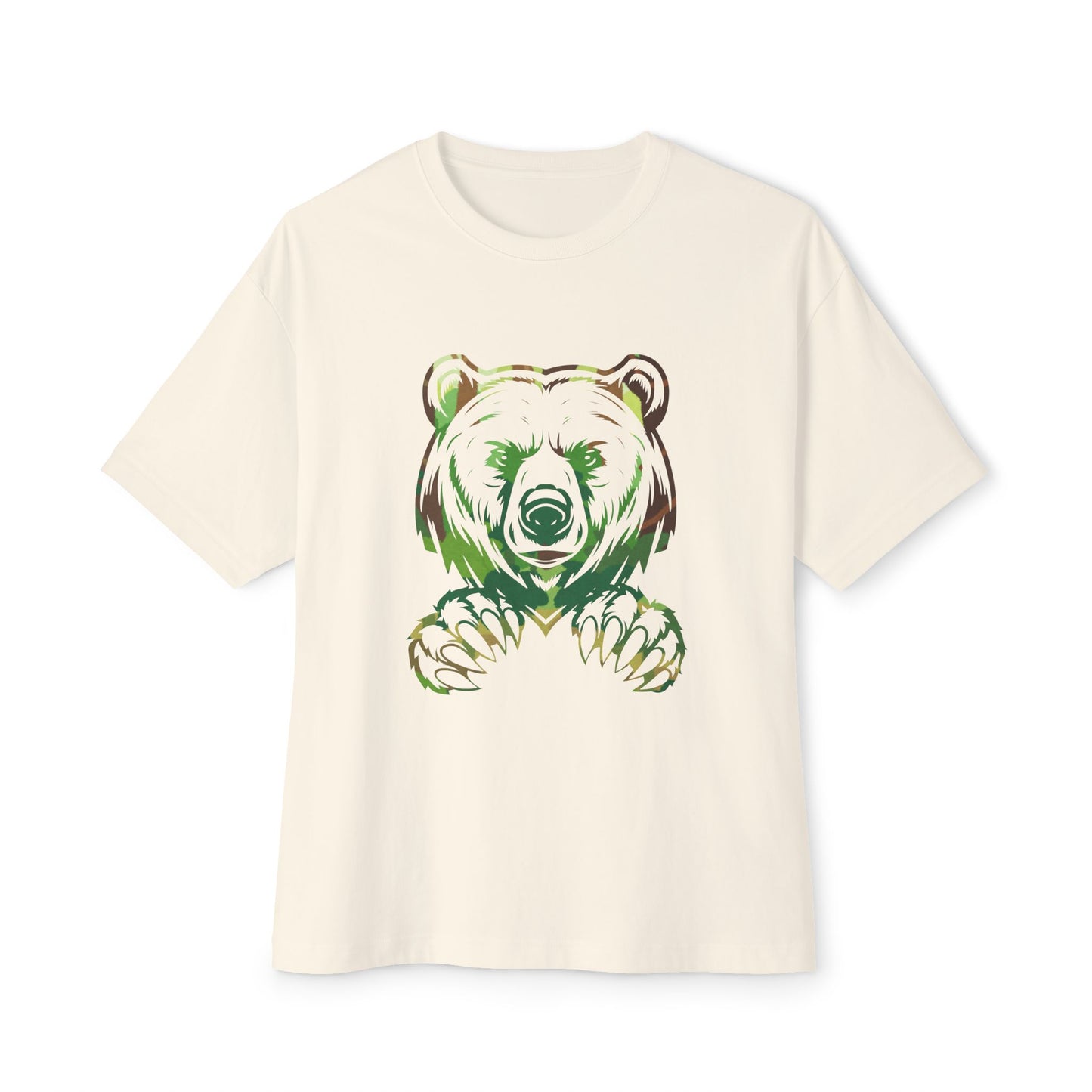 Beige t-shirt with a bear graphic design on a white background