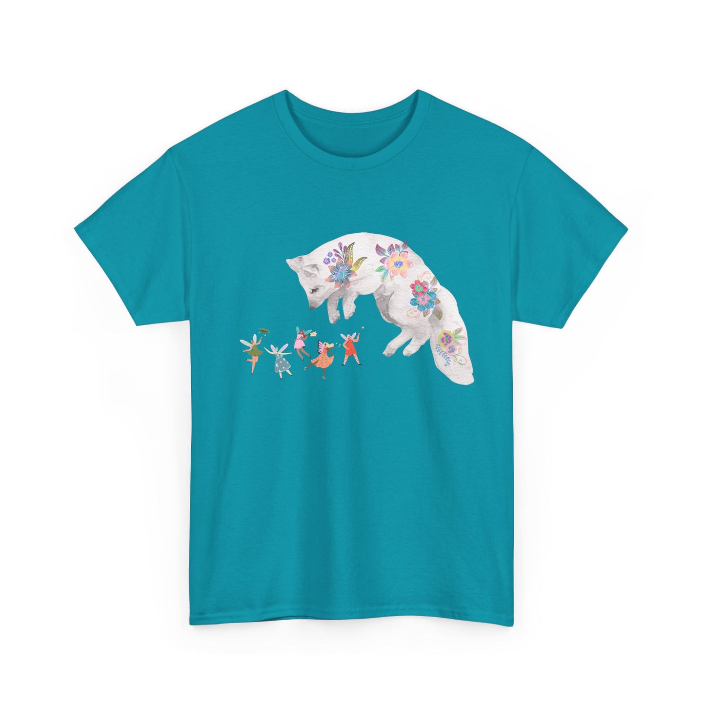 Whimsical White Fox Playing with Winged Fairies Unisex Cotton T-Shirt