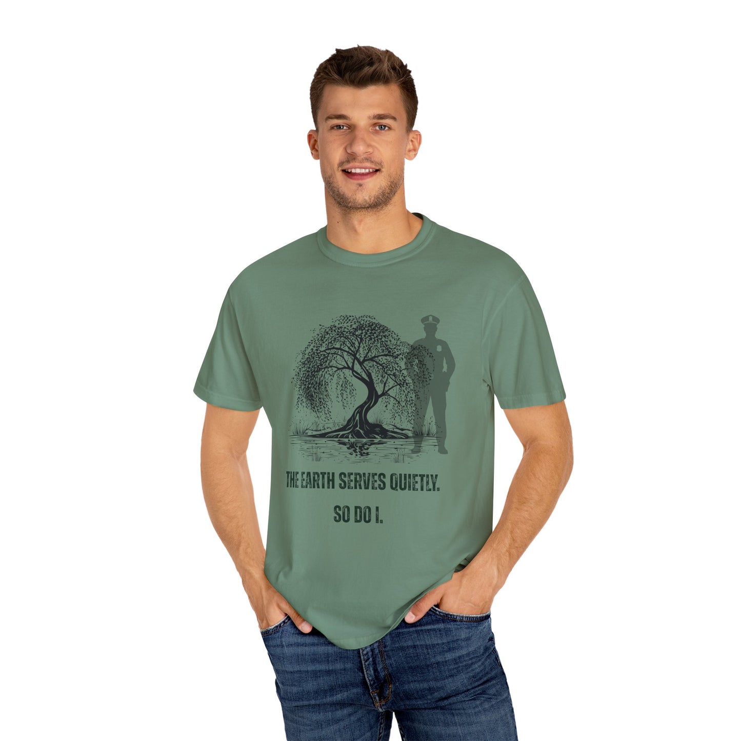 Man wearing a green t-shirt with a graphic design and text on a white background