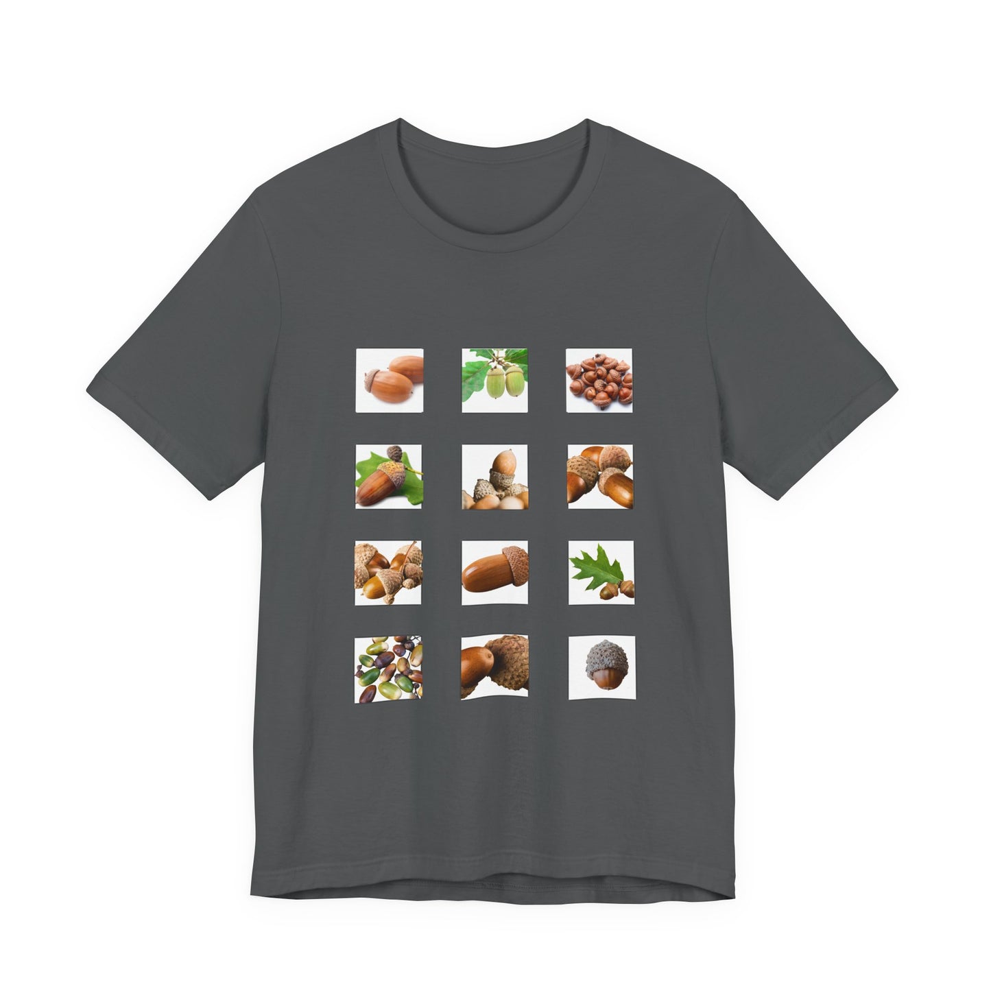 Dark Gray t-shirt with images of acorns and leaves arranged in a grid postage stamp pattern on a white background