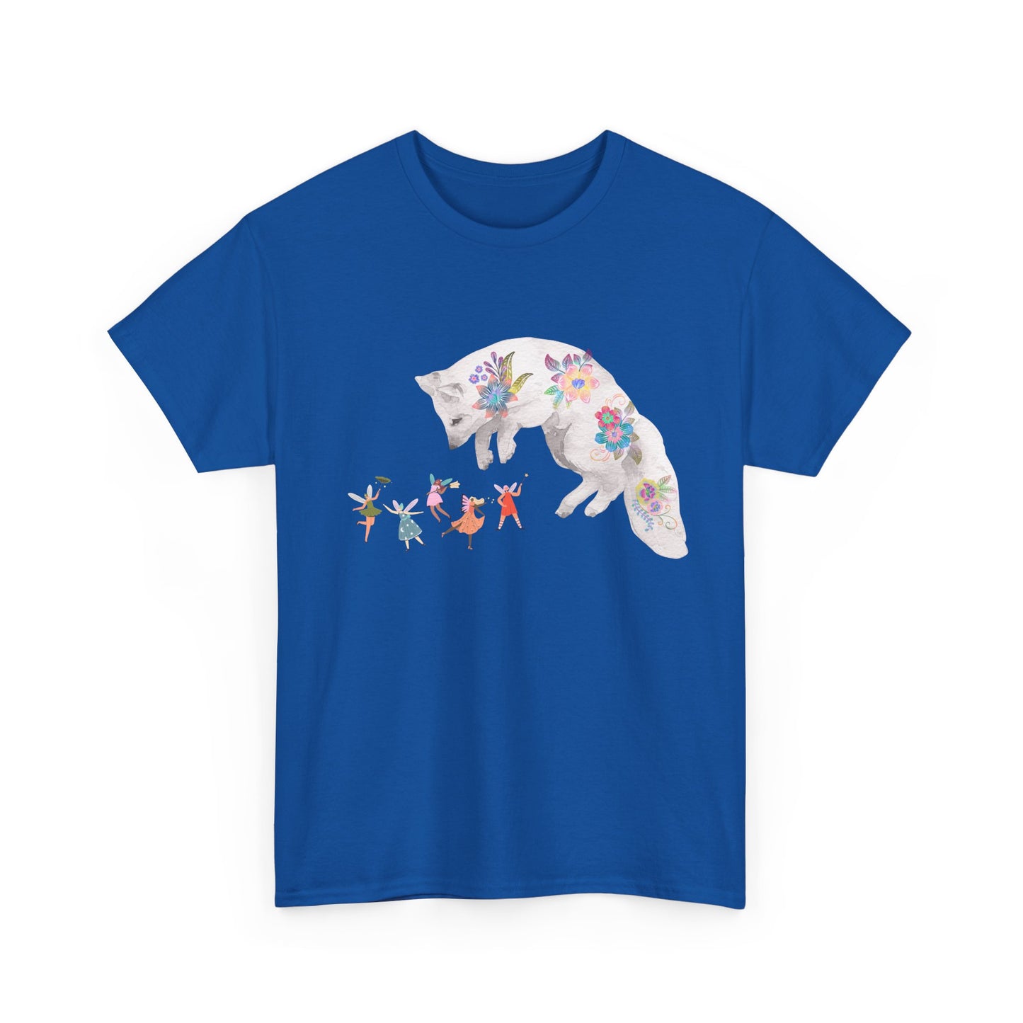 Whimsical White Fox Playing with Winged Fairies Unisex Cotton T-Shirt