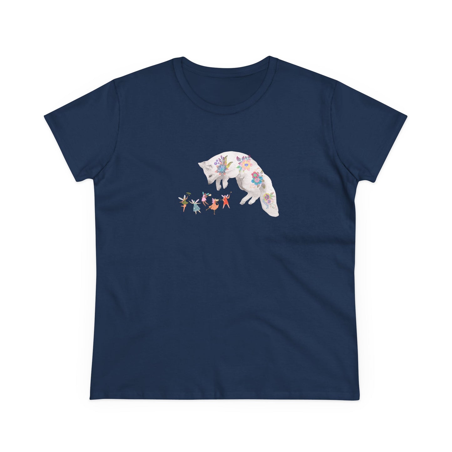 Navy blue t-shirt with a white fox with batik flowers staring at winged fairies.