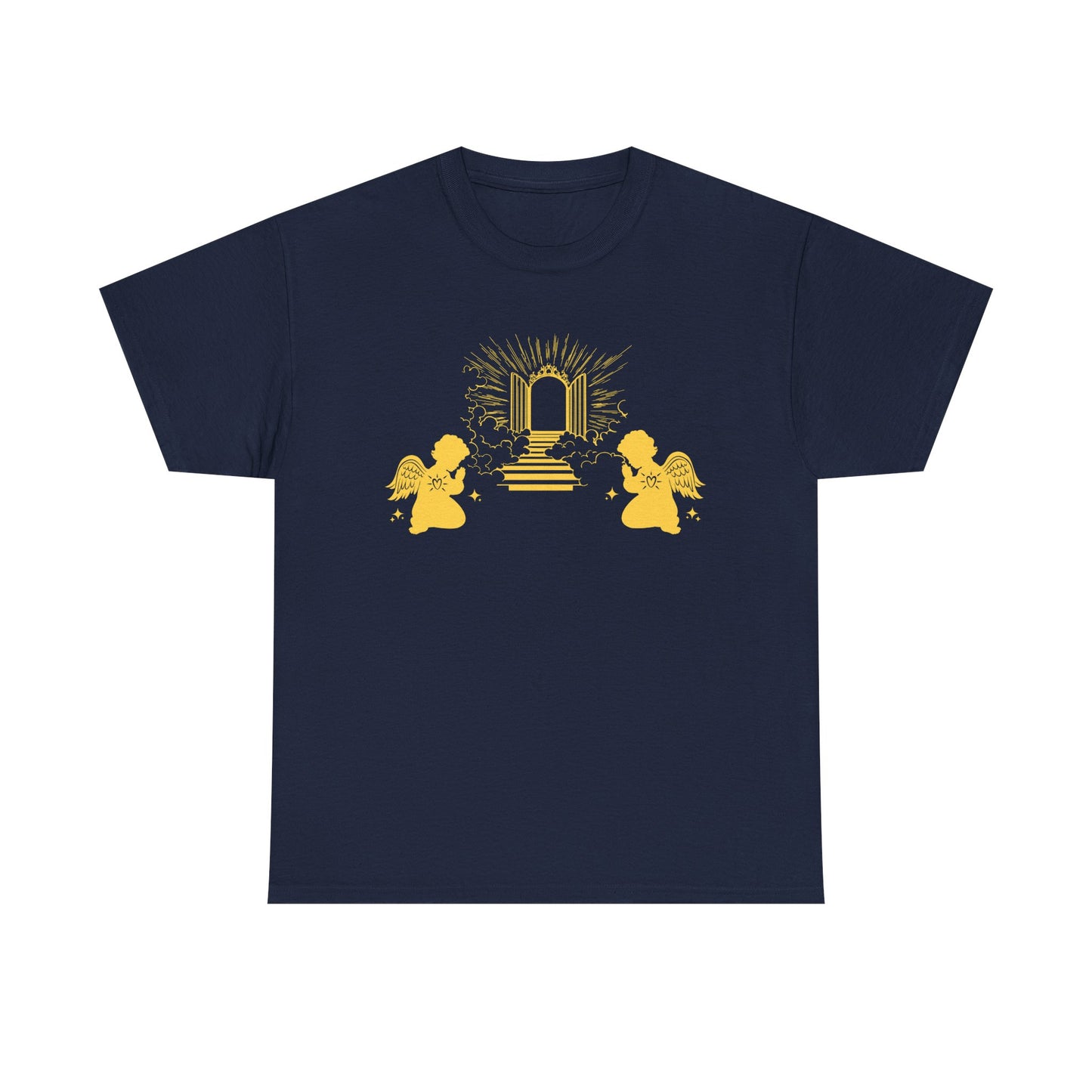 Navy t-shirt with two gold angels praying at Heaven's Gate design on a white background