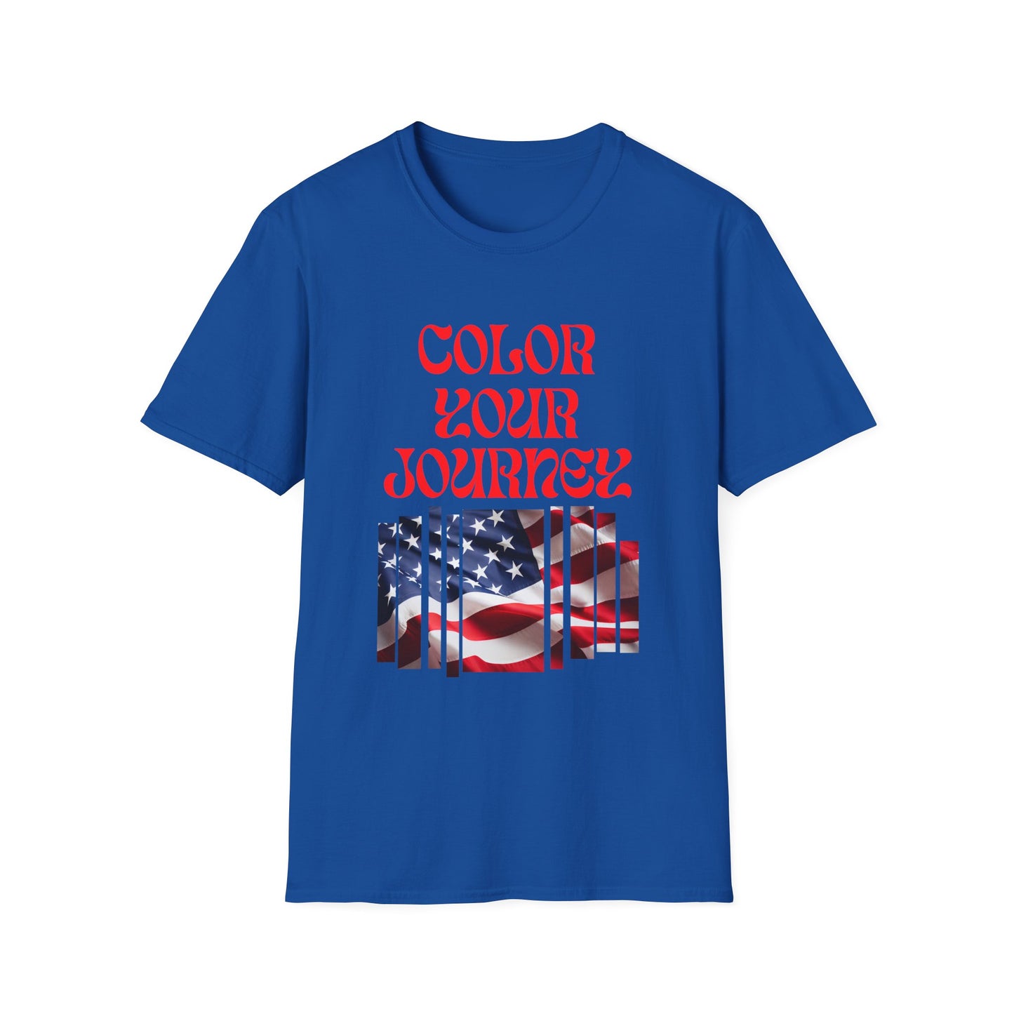 Blue t-shirt with 'Color Your Journey' text and American flag design on a white background