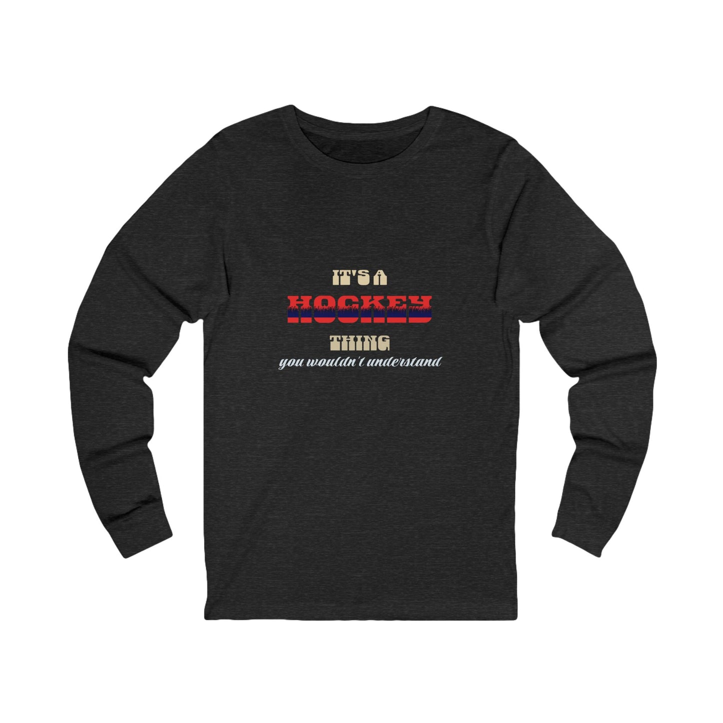 Black long-sleeve shirt with hockey-themed text on a white background