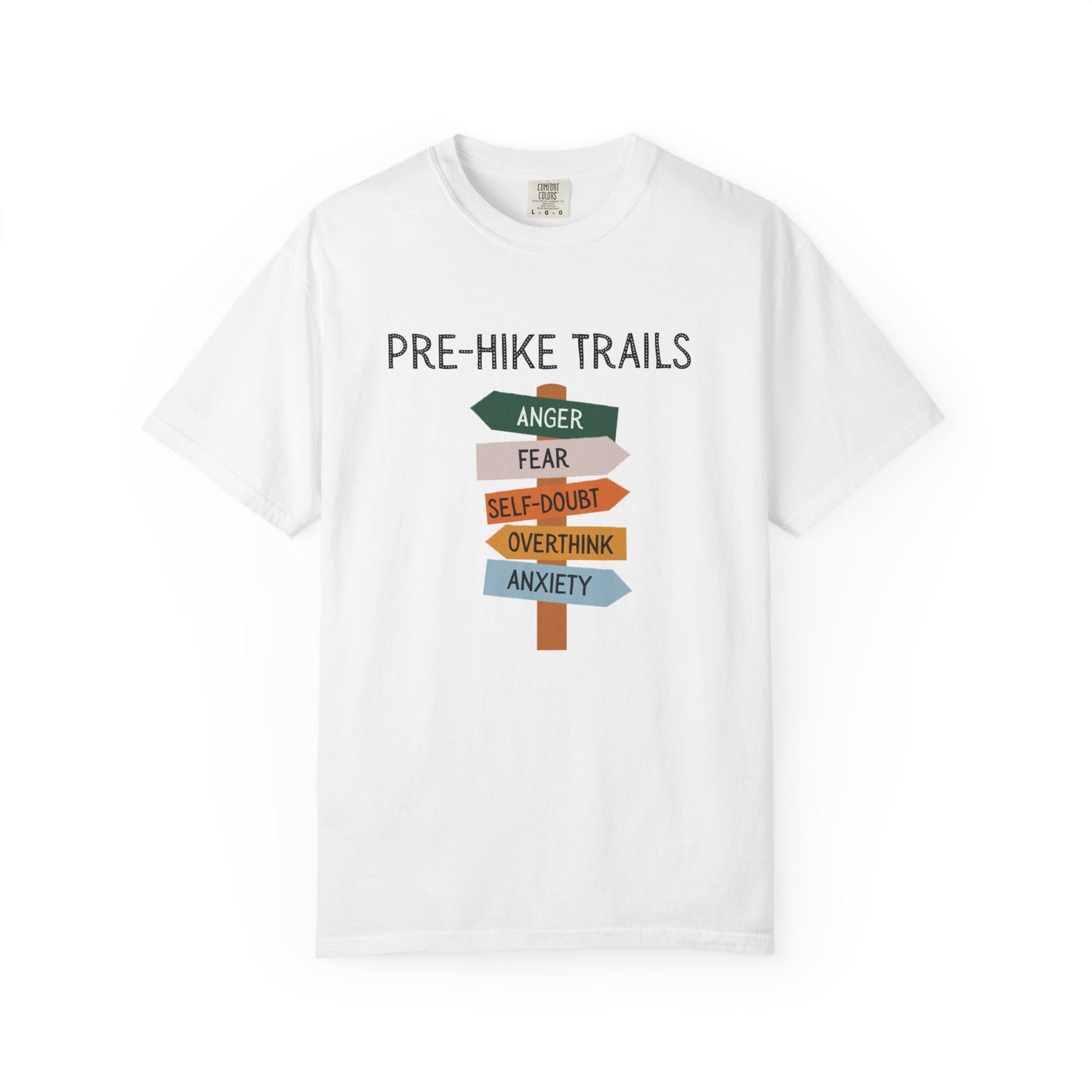 White t-shirt with 'Pre-Hike Trails' graphic design on a white background