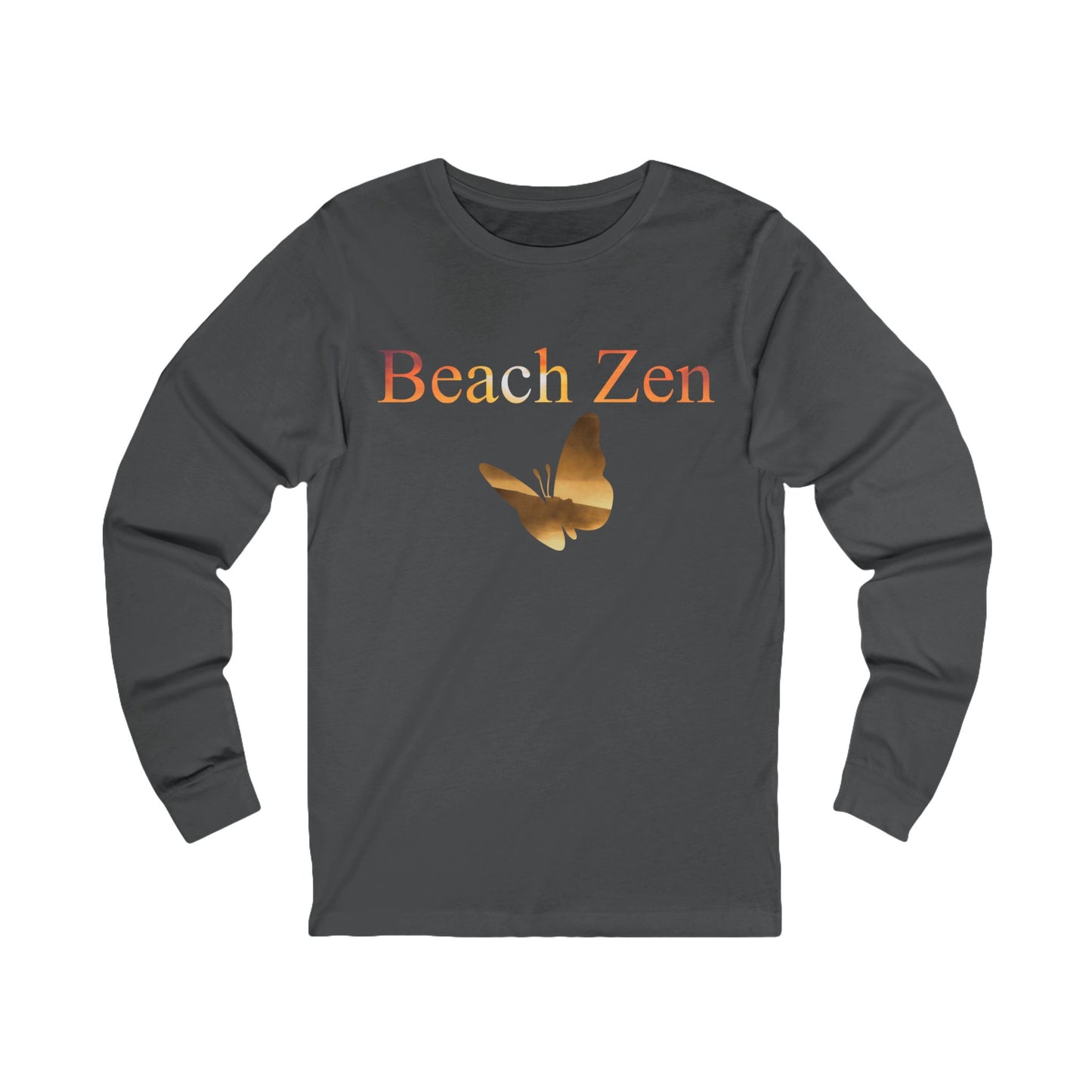 Dark gray long-sleeve shirt with 'Beach Zen' text and butterfly graphic on a white background