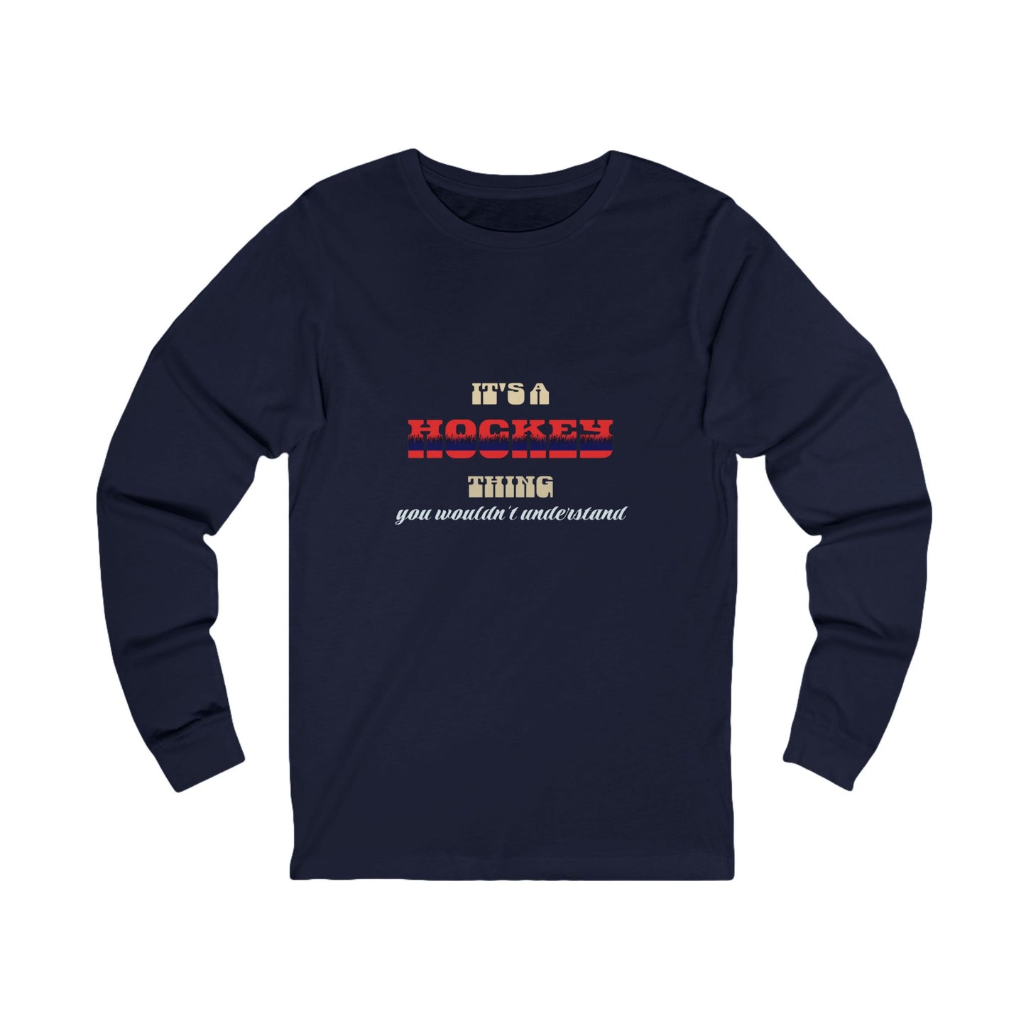 Navy blue long-sleeve shirt with text design on a white background