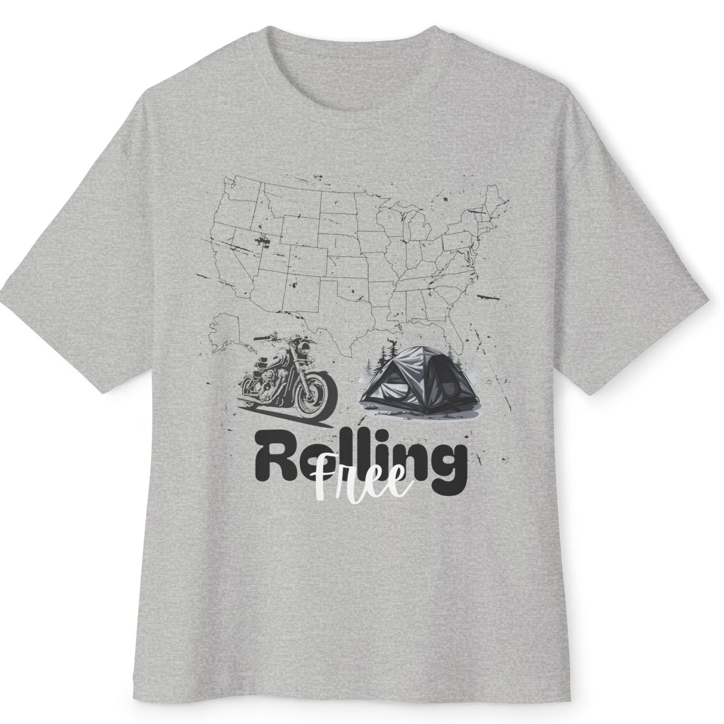 Gray t-shirt with a graphic design of a map of the United States and text 'Rolling Free' on a white background.