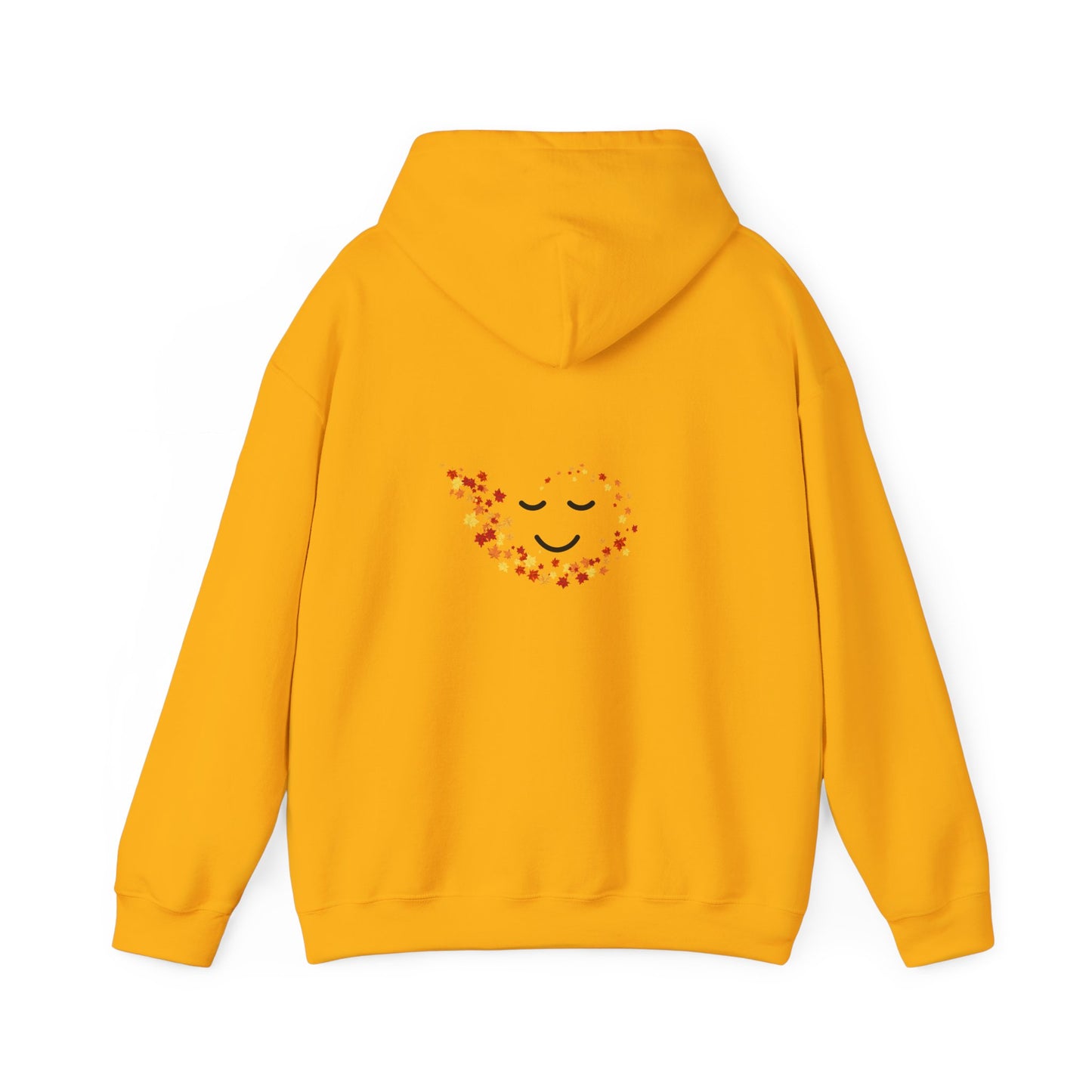 Back of Gold-Yellow hoodie with a smiley face design on the back against a white background