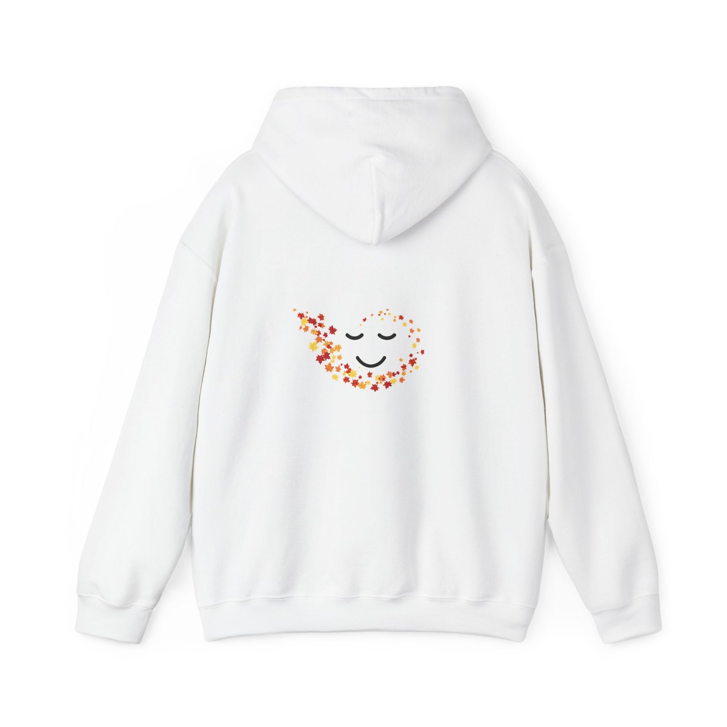 Back of White hoodie with a colorful smiley face design on the back against a white background