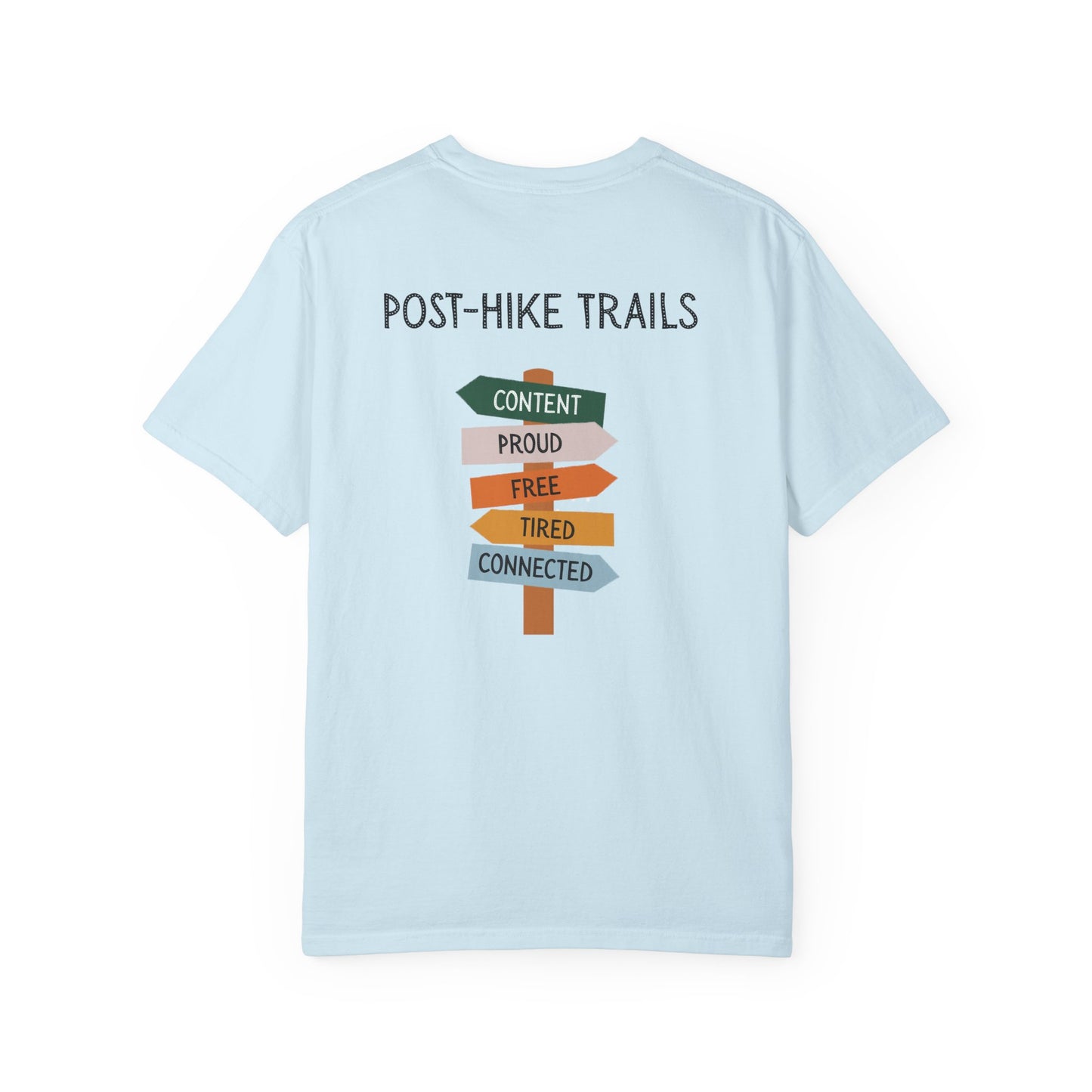 Back of light blue t-shirt with 'Post-Hike Trails' design on a white background